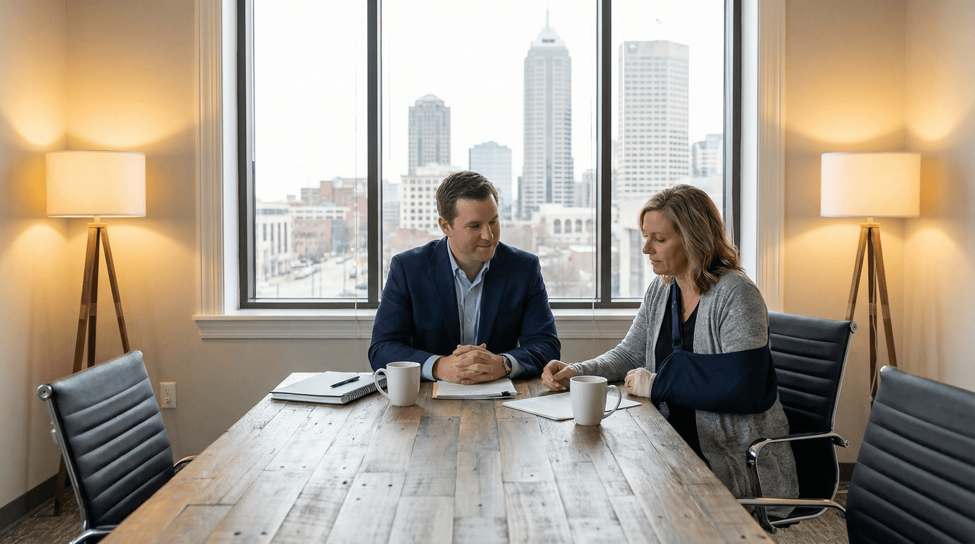 Indianapolis personal injury attorney consulting with client — AI Employee handles intake so attorneys focus on case strategy