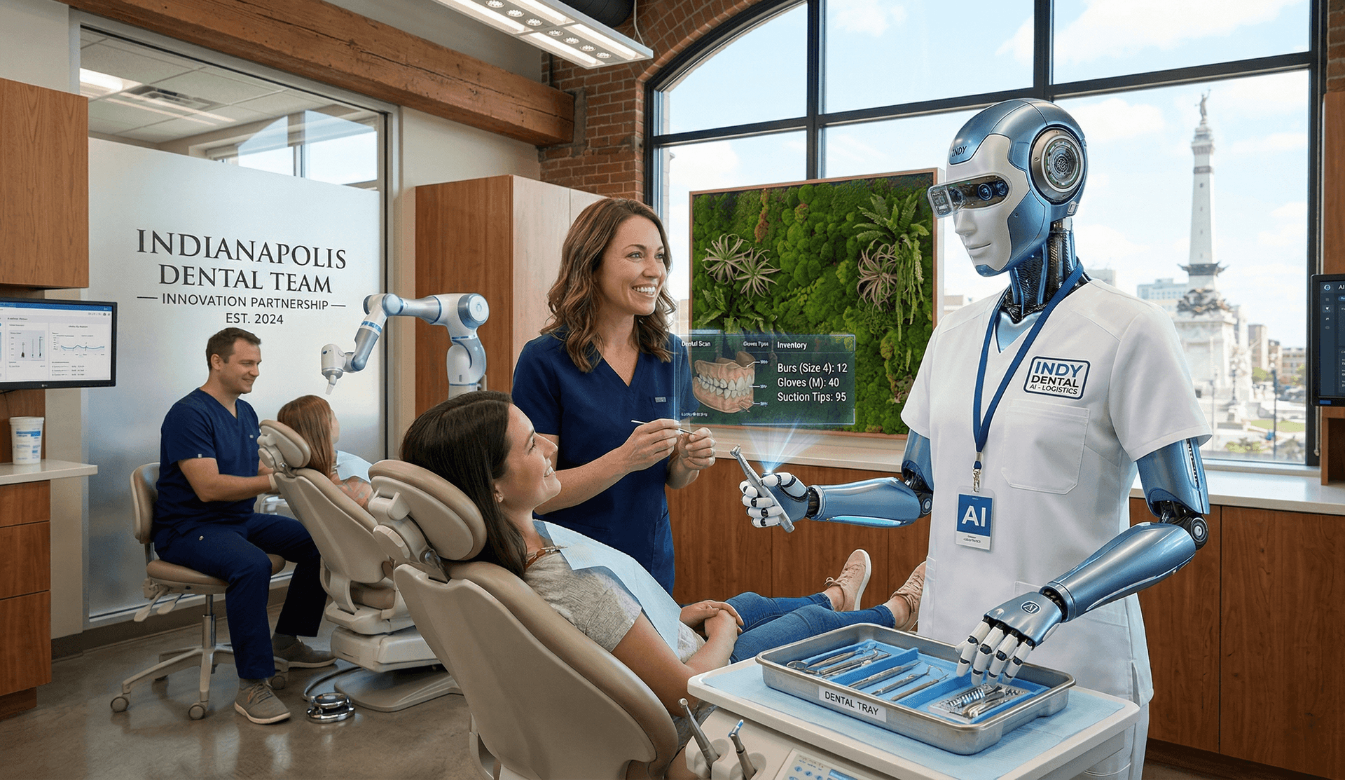 AI Employee working alongside Indianapolis dental team — managing inventory, assisting with dental scans, and coordinating patient care in a modern Indianapolis practice with Monument Circle visible through the window, demonstrating how artificial intelligence augments dental staff rather than replacing them