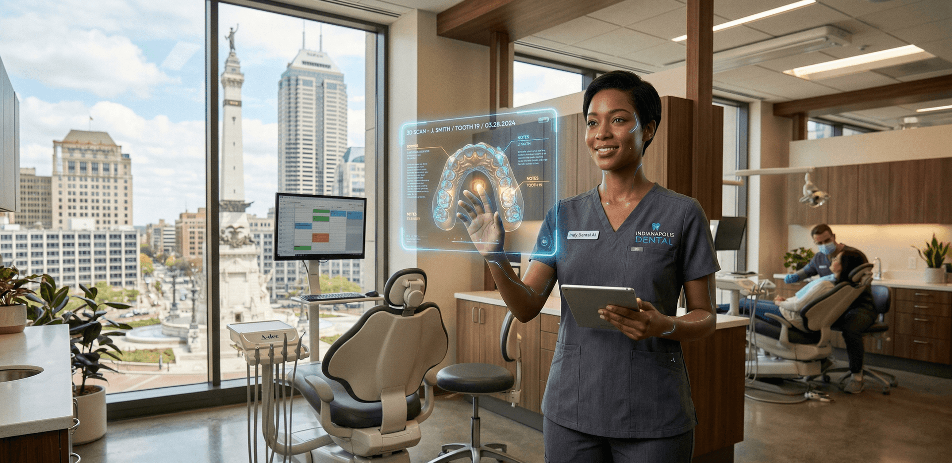 AI Employee for Indianapolis dental practice — Cloud Radix dental AI technology with holographic 3D dental scan, patient scheduling software, and Monument Circle skyline visible from a modern Indianapolis dental office where artificial intelligence handles phone calls, insurance verification, and appointment scheduling 24/7