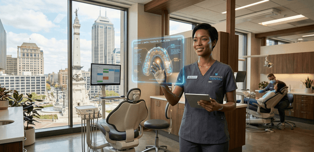 AI Employee for Indianapolis dental practice — Cloud Radix dental AI with holographic 3D scan and Monument Circle skyline handling phone calls, insurance verification, and patient scheduling 24/7