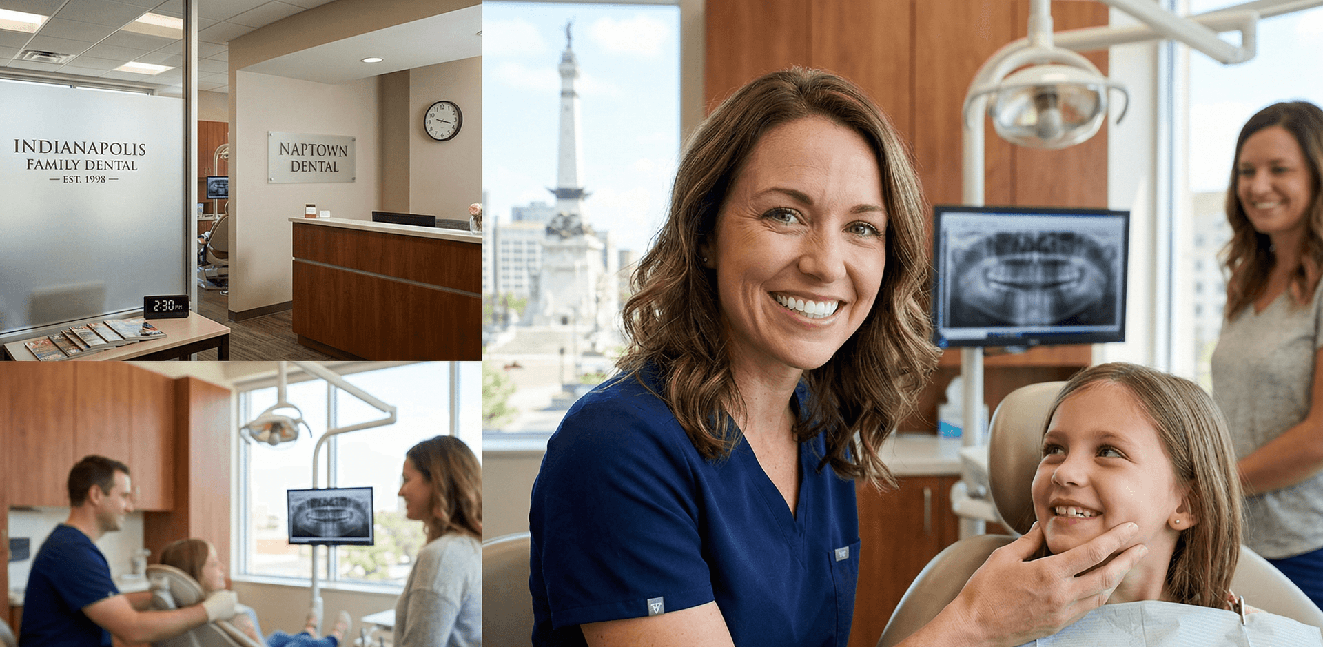 Indianapolis dental practice front desk, patient care, and panoramic x-ray review — family dentistry in Circle City competing against DSOs like Aspen Dental, Heartland Dental, and Pacific Dental Services in Marion County Indiana