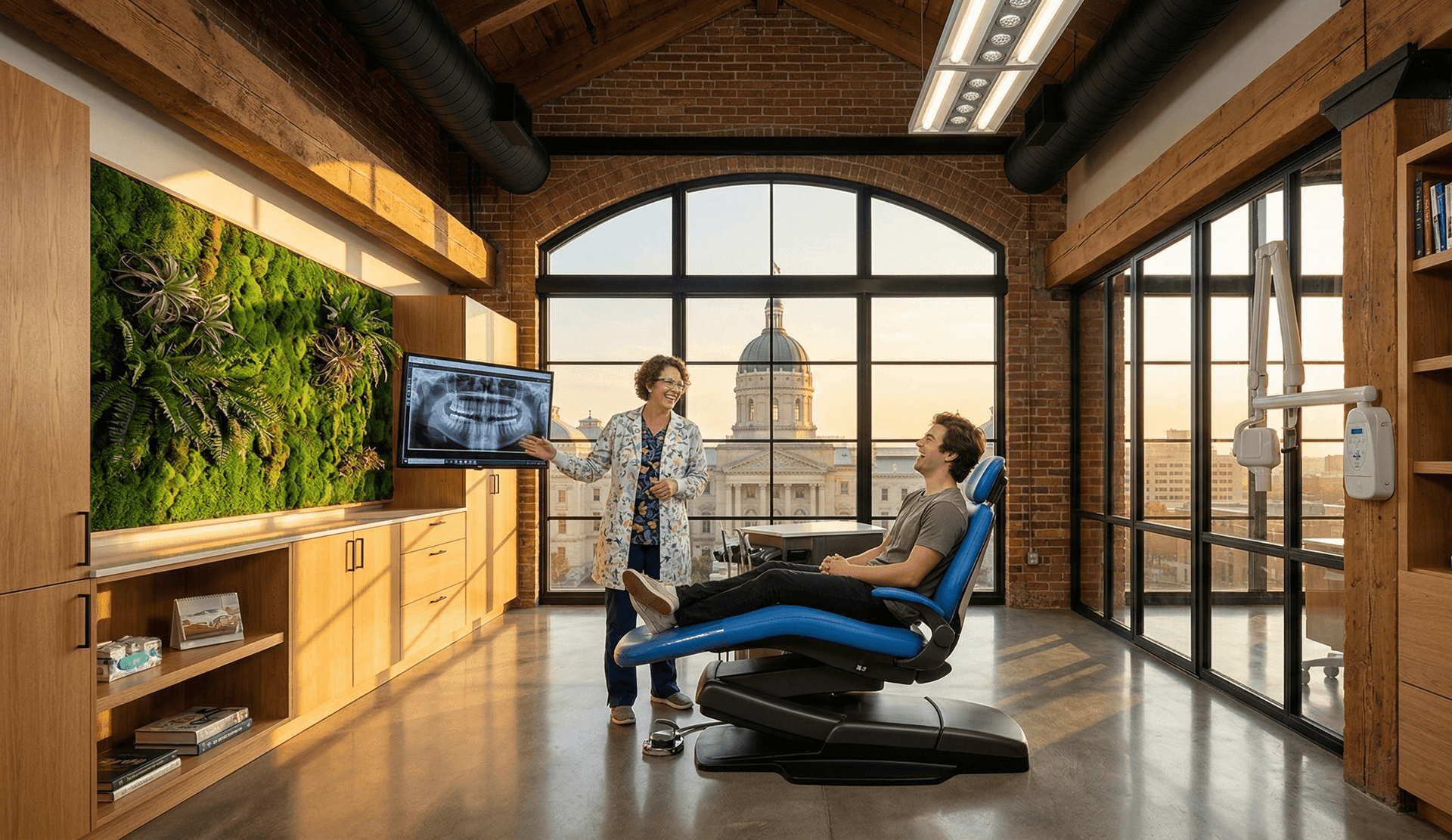 Indianapolis dentist reviewing panoramic dental x-ray with patient in modern brick-walled practice overlooking the Indiana State Capitol — the kind of private practice experience DSOs cannot replicate but AI Employee technology helps compete with their 24/7 call center coverage