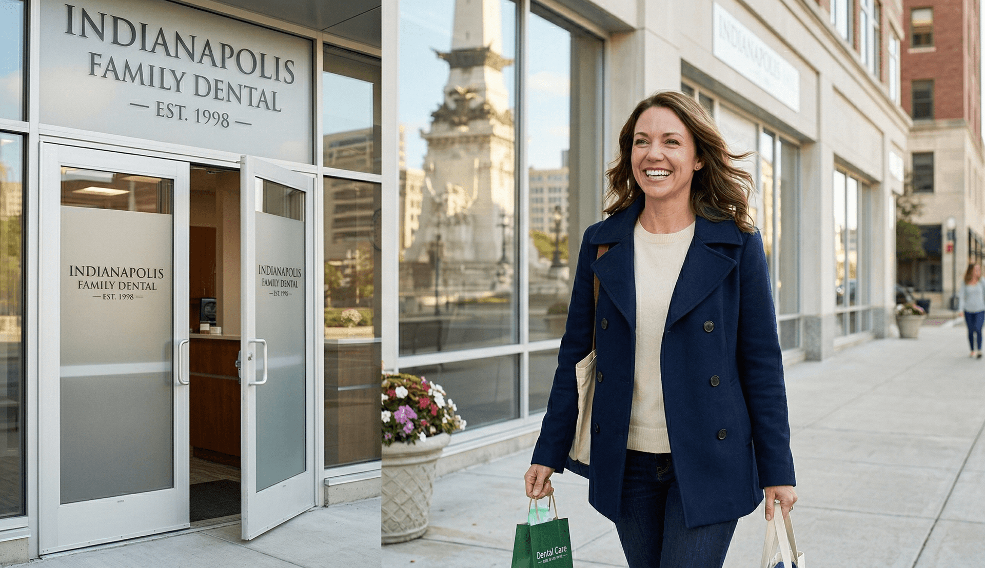 Happy patient leaving Indianapolis Family Dental practice near Monument Circle — the patient experience that private dental practices deliver when AI Employees handle scheduling, insurance verification, and recall reminders so front desk staff can focus on in-person care