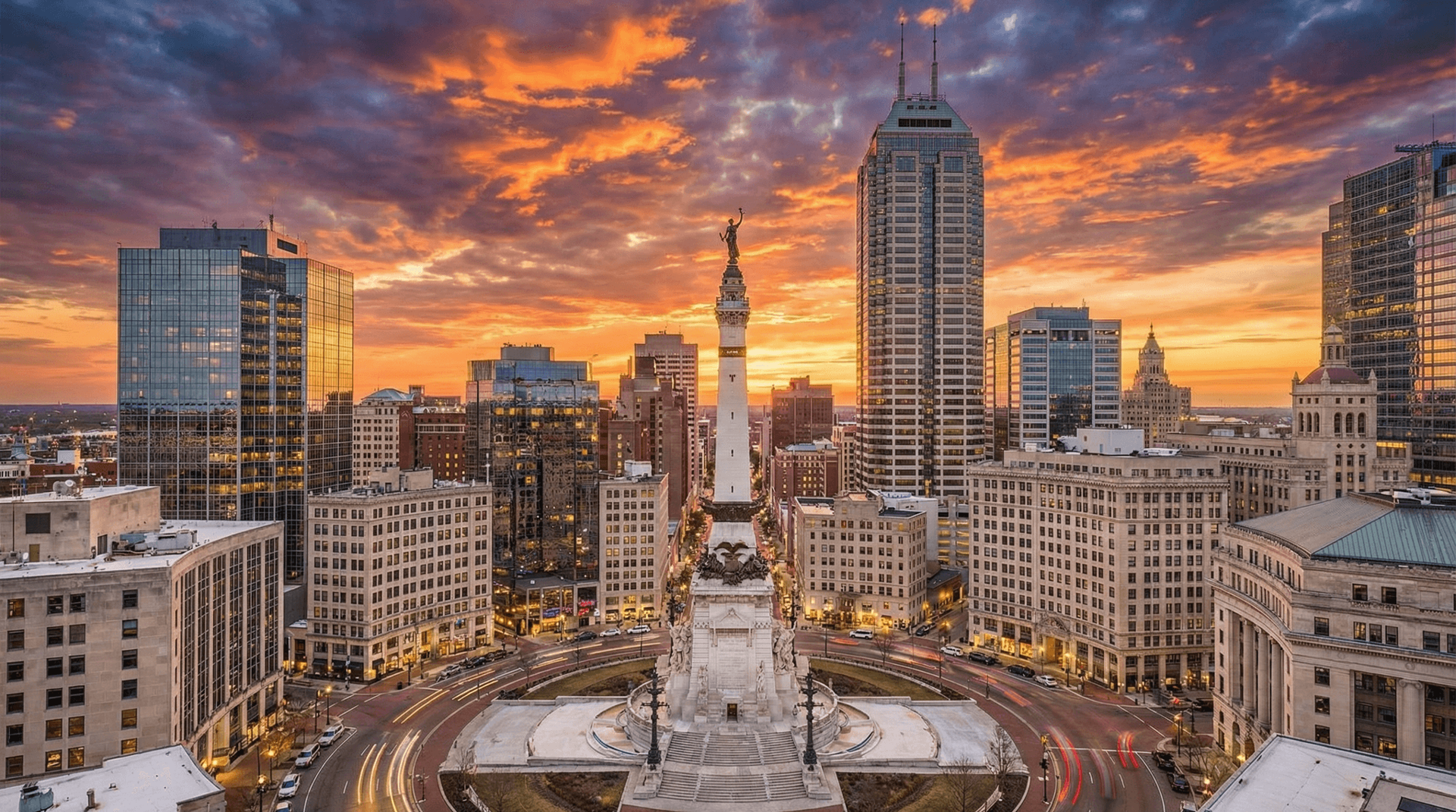 Indianapolis skyline with Monument Circle — Indiana's capital city where AI Employees are transforming personal injury law firm operations