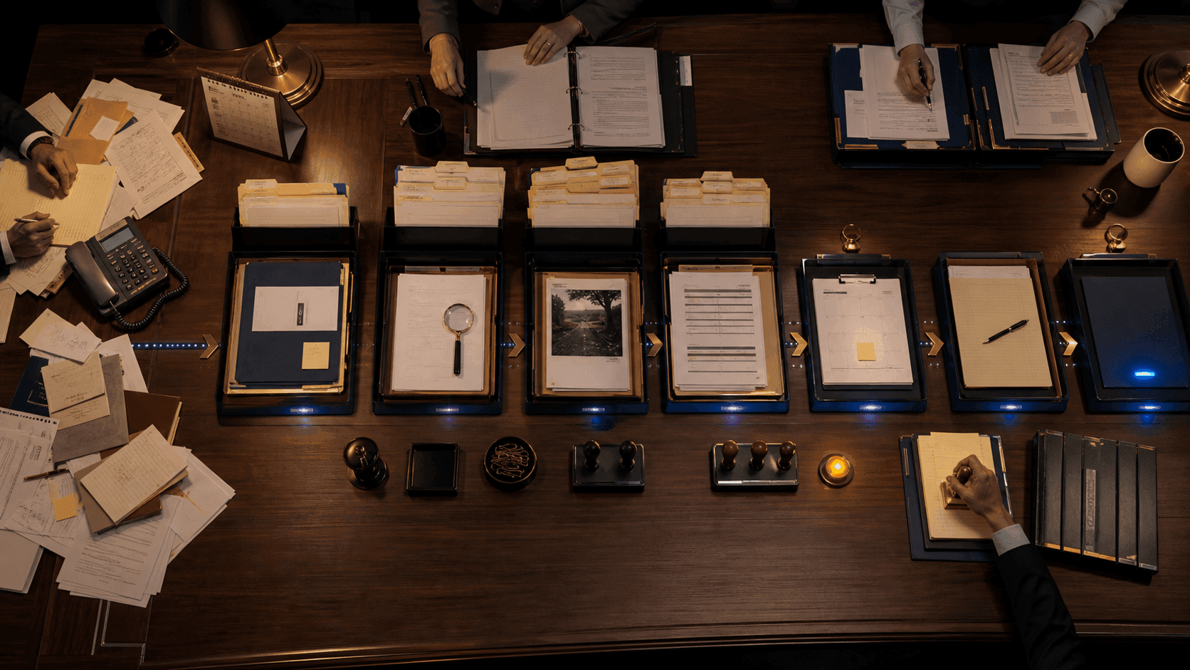 A legal workflow moves from messy intake documents through structured records, review stages, deadlines, approvals, and a completed operating record.