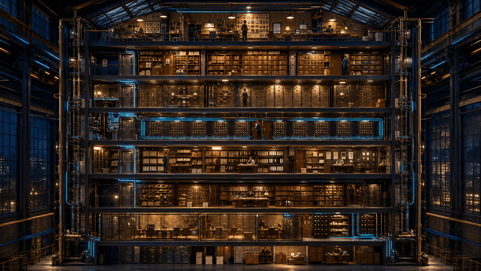A seven-level archival tower visualizes the records, permissions, connectors, procedures, memory, governance, and improvement layers of an AI business operating system.