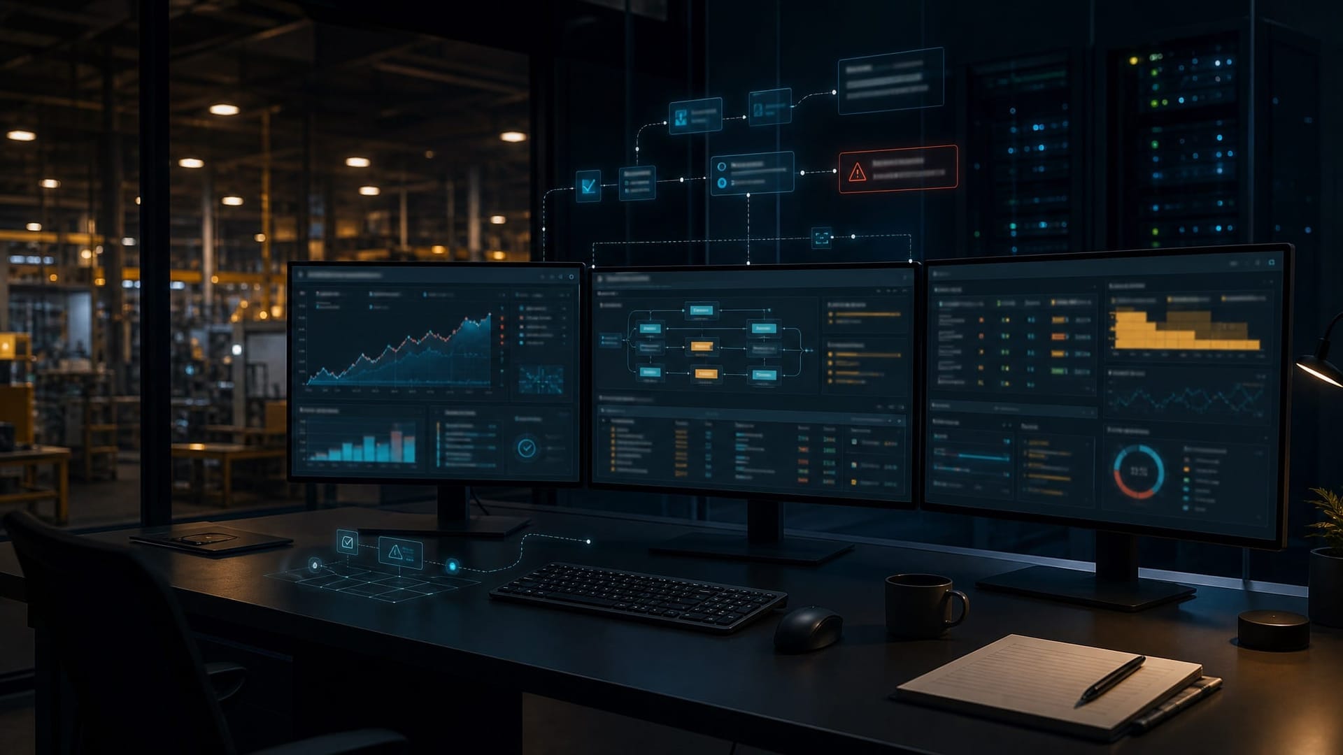 A dim operations center at night with three monitors showing live agent telemetry, deviation scores rising on a dashboard, and a quiet keyboard in the foreground.