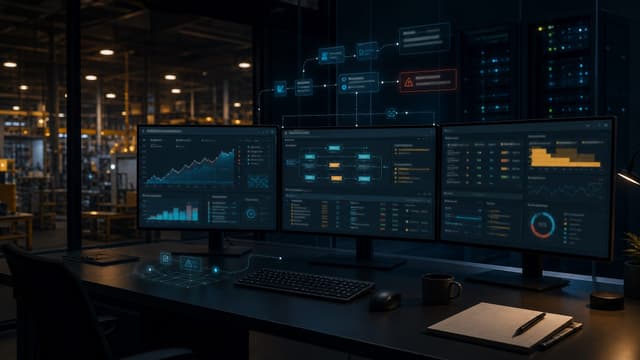 A dim operations center at night with three monitors showing live agent telemetry, deviation scores rising on a dashboard, and a quiet keyboard in the foreground.