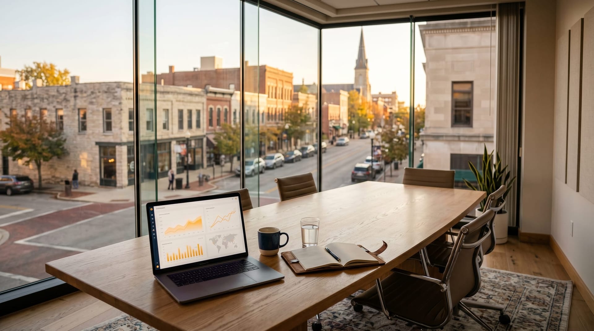 A small Fort Wayne professional services office at golden hour with one laptop on a clean conference table showing a dashboard, suggesting practical mid-market AI testing.