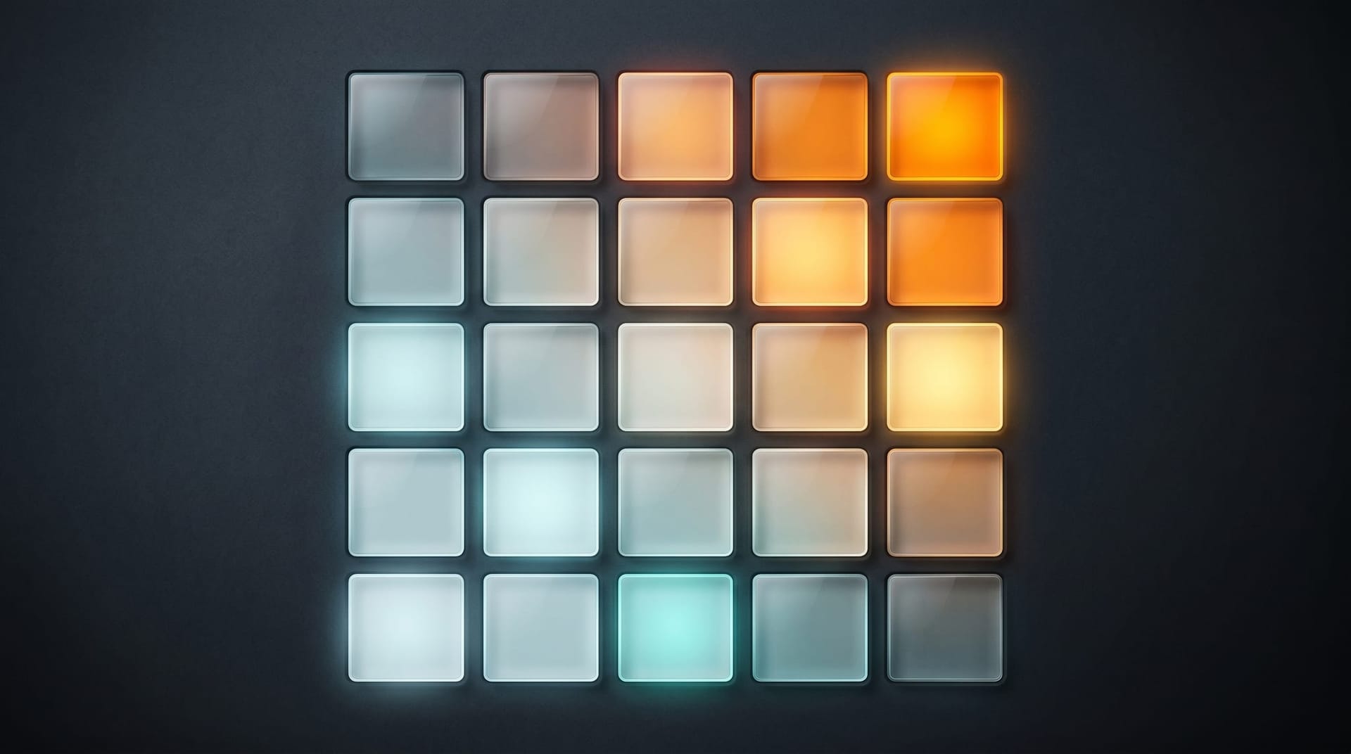 Abstract grid composition representing a deployment risk-tier matrix with cells lighting up at varying intensities to suggest matching test depth to risk.