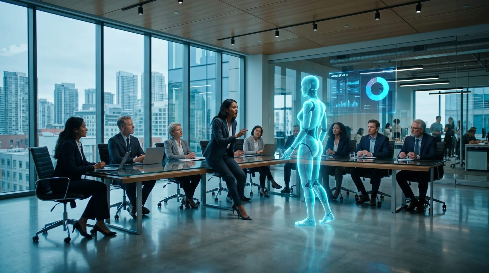 A diverse Fort Wayne business team interviews a translucent cyan holographic AI employee avatar across a glass conference table during a structured vetting trial