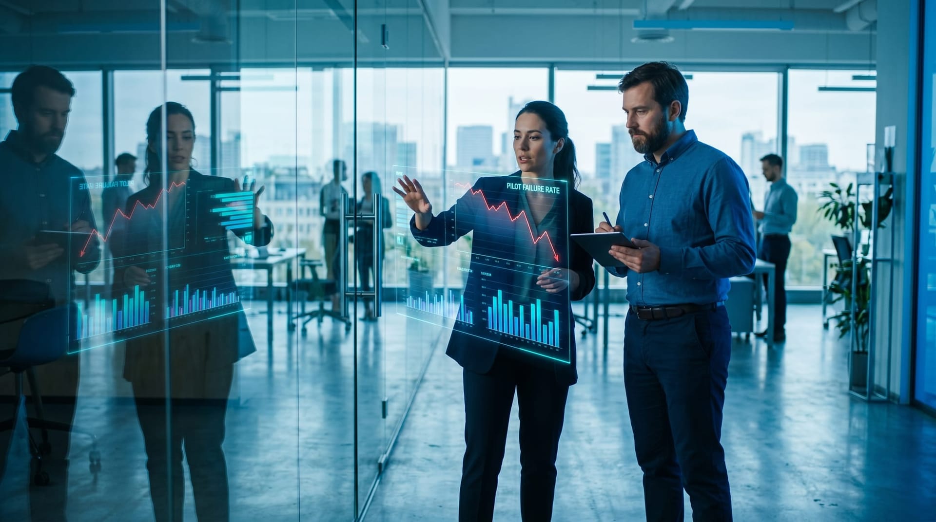Colleagues review a floating holographic project-cancellation dashboard showing AI pilot failure rates in a cool-toned glass office during an AI vetting discussion