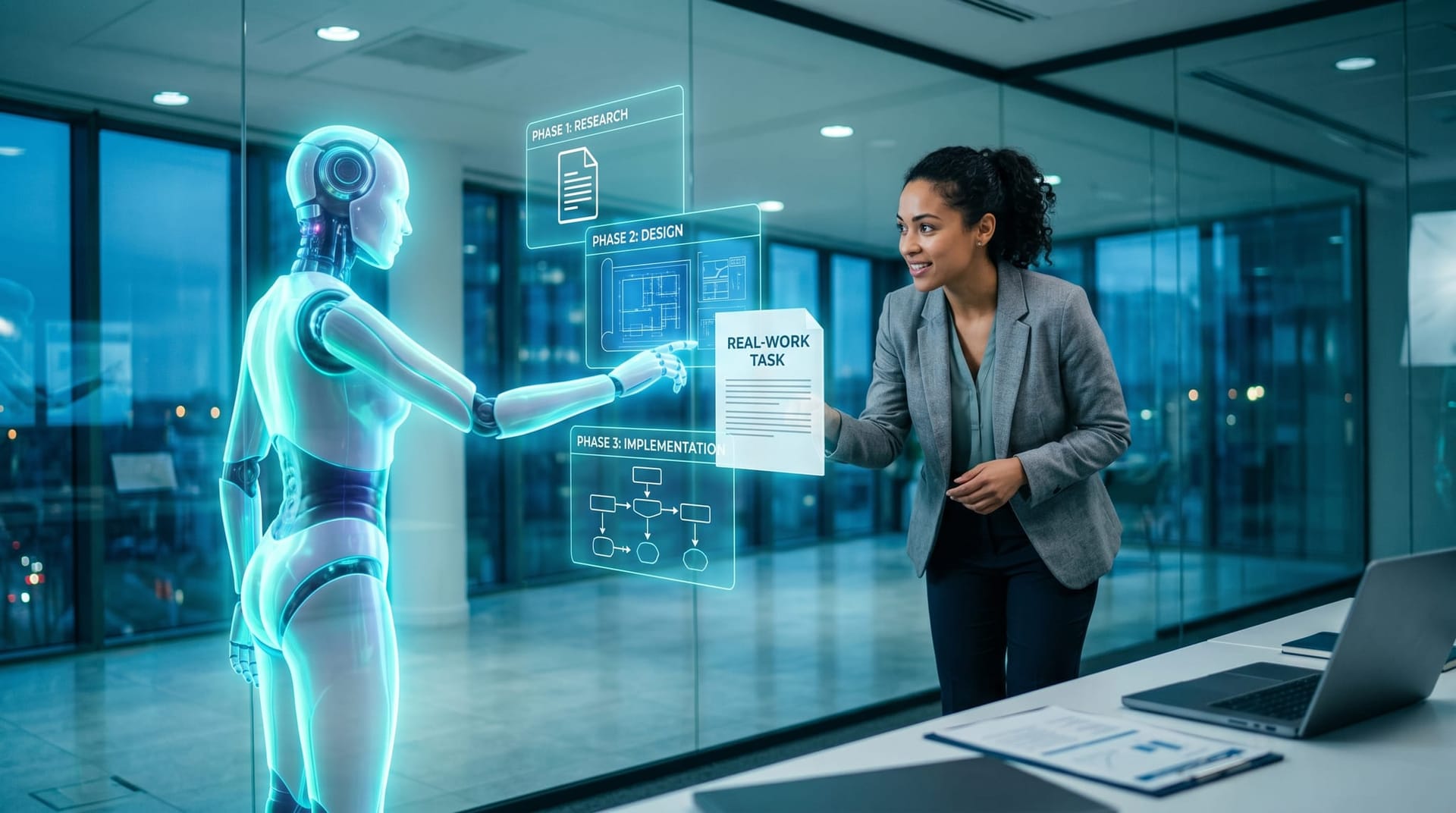 A translucent cyan AI employee hologram completes a multi-step task on floating blue panels while a presenter watches, demonstrating real-work testing not a chatbot demo