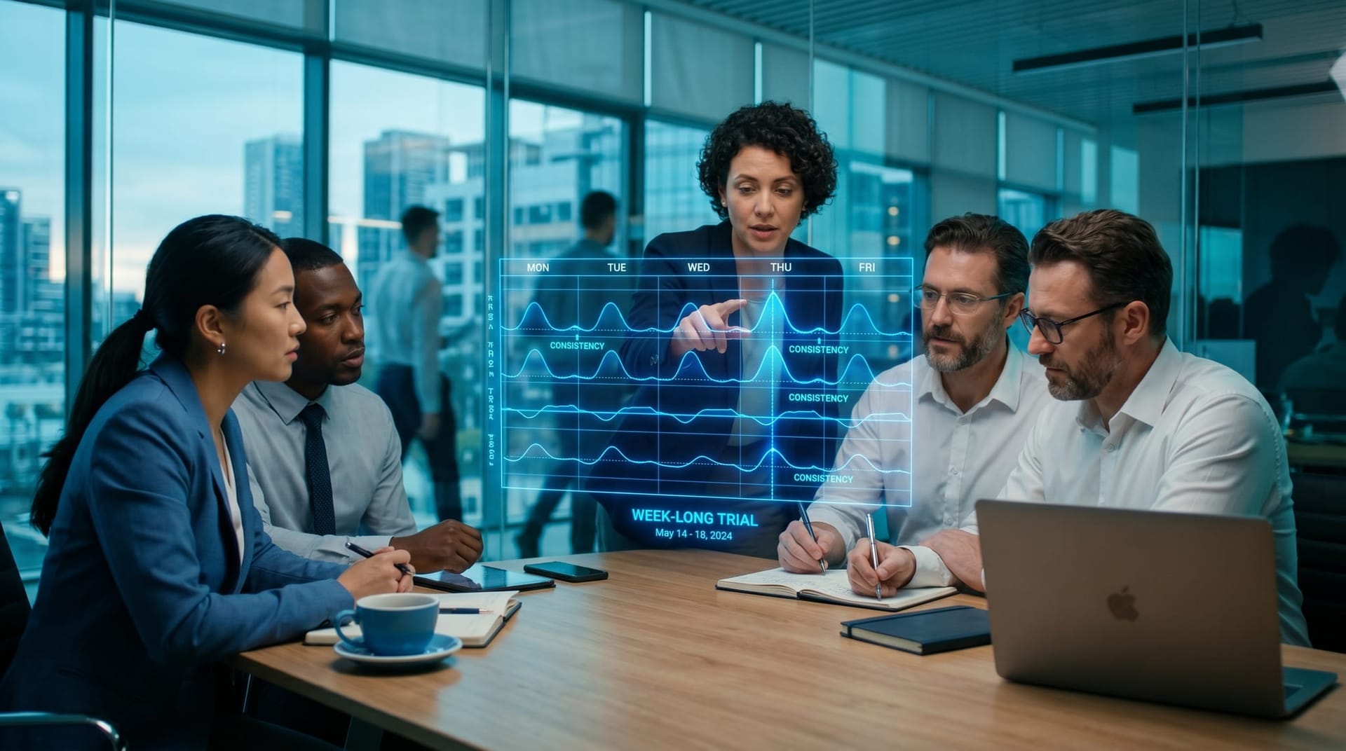 A diverse team monitors a floating consistency timeline of repeated AI employee trial runs across a week on cyan holographic charts in a glass-walled office