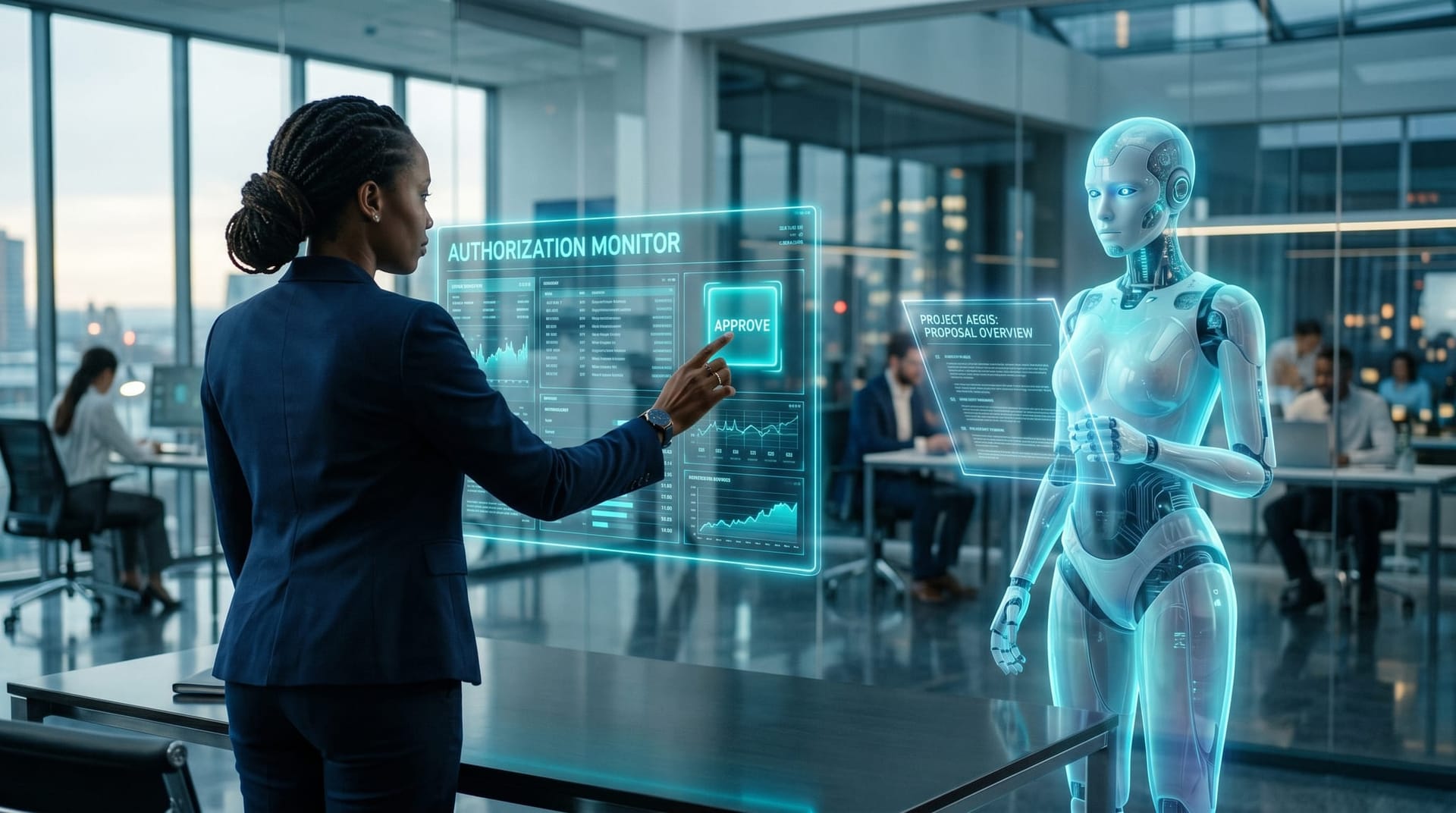 A manager taps an approve control on a floating cyan authorization panel while a translucent AI employee hologram waits, illustrating the human approval gate during the trial