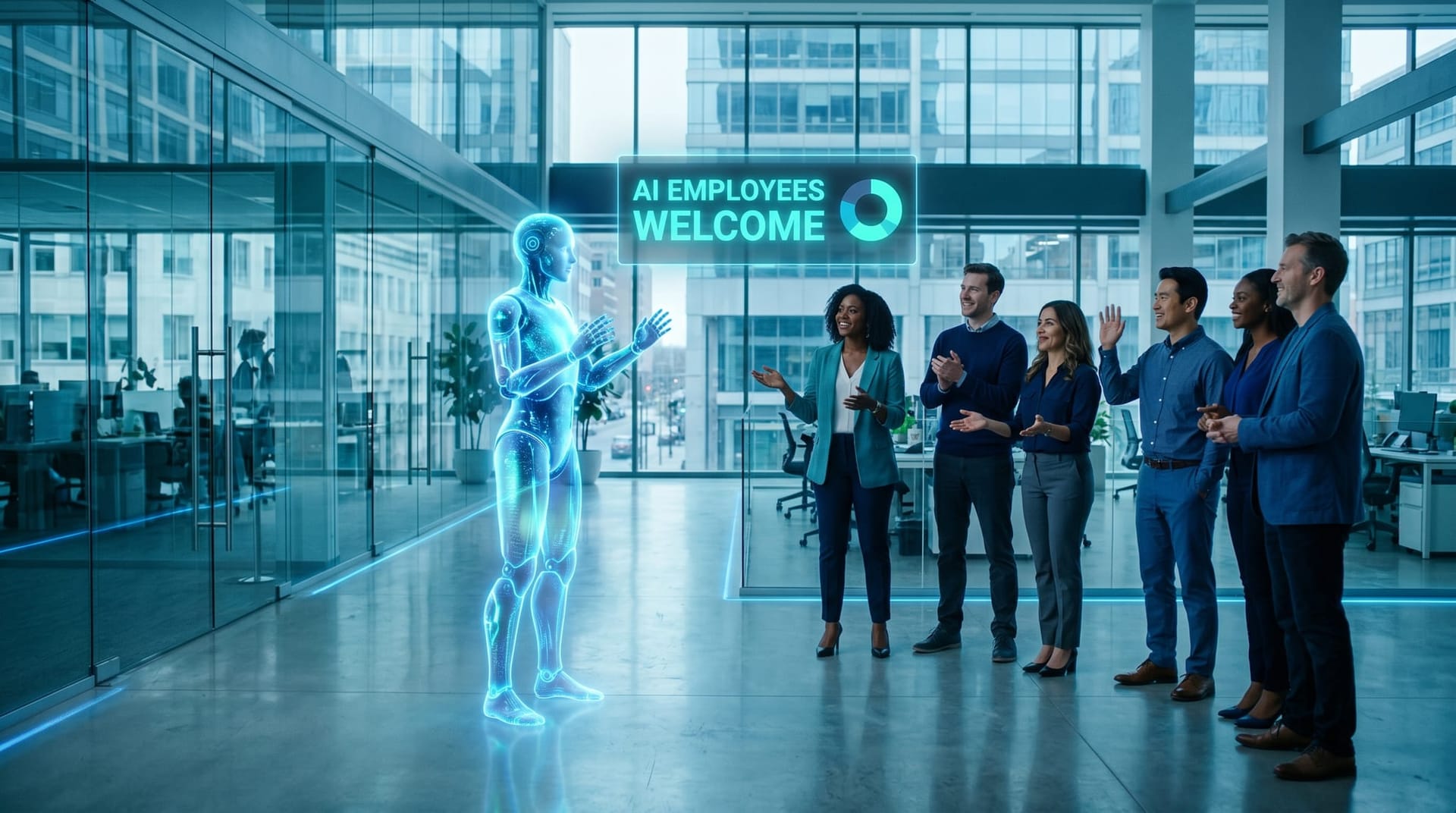 A diverse Northeast Indiana professional services team welcomes a translucent cyan AI employee hologram in a cool-toned glass office with a holographic adoption playbook overlay