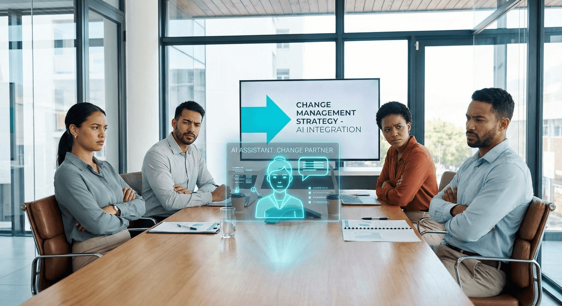 A small business team gathered around a conference table, some members looking curious and others cautiously optimistic, as the business owner introduces the concept of an AI Employee on a presentation screen