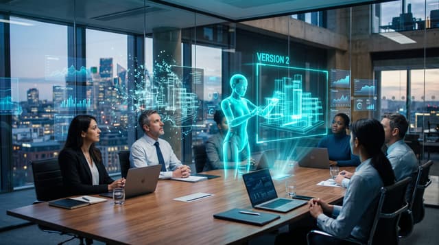 Business team watching a translucent cyan AI avatar dismantle one glowing architecture diagram and assemble a leaner AI agent architecture beside it