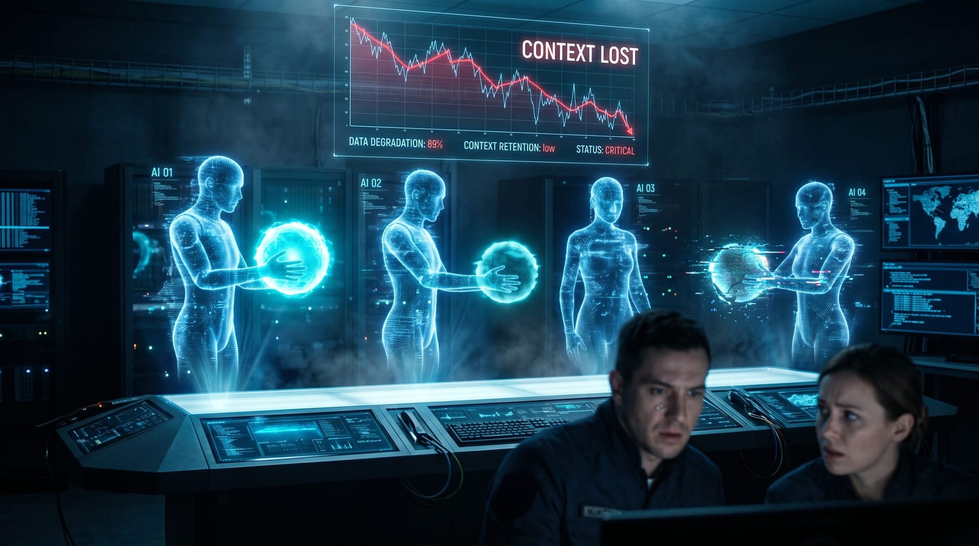 Holographic AI agents passing glowing message orbs down a line while errors compound, illustrating why Intuit scrapped its agent orchestration layer