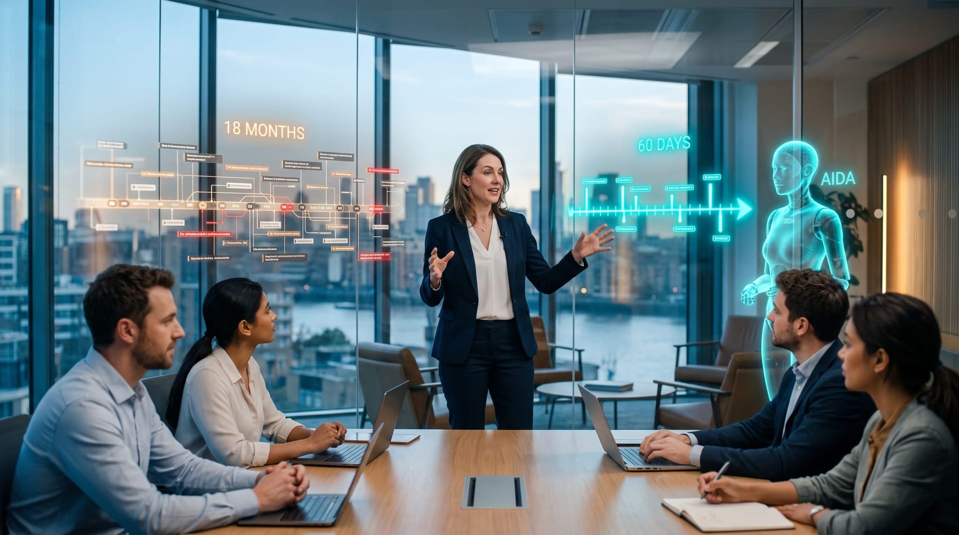 Team leader presenting a floating 60-day rebuild timeline versus an 18-month plan to colleagues, capturing the fast path of disposable AI architecture