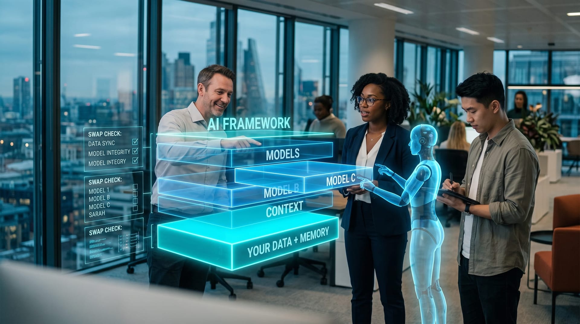 Business buyers reviewing a layered hologram separating a persistent data and memory layer from swappable AI architecture layers above it