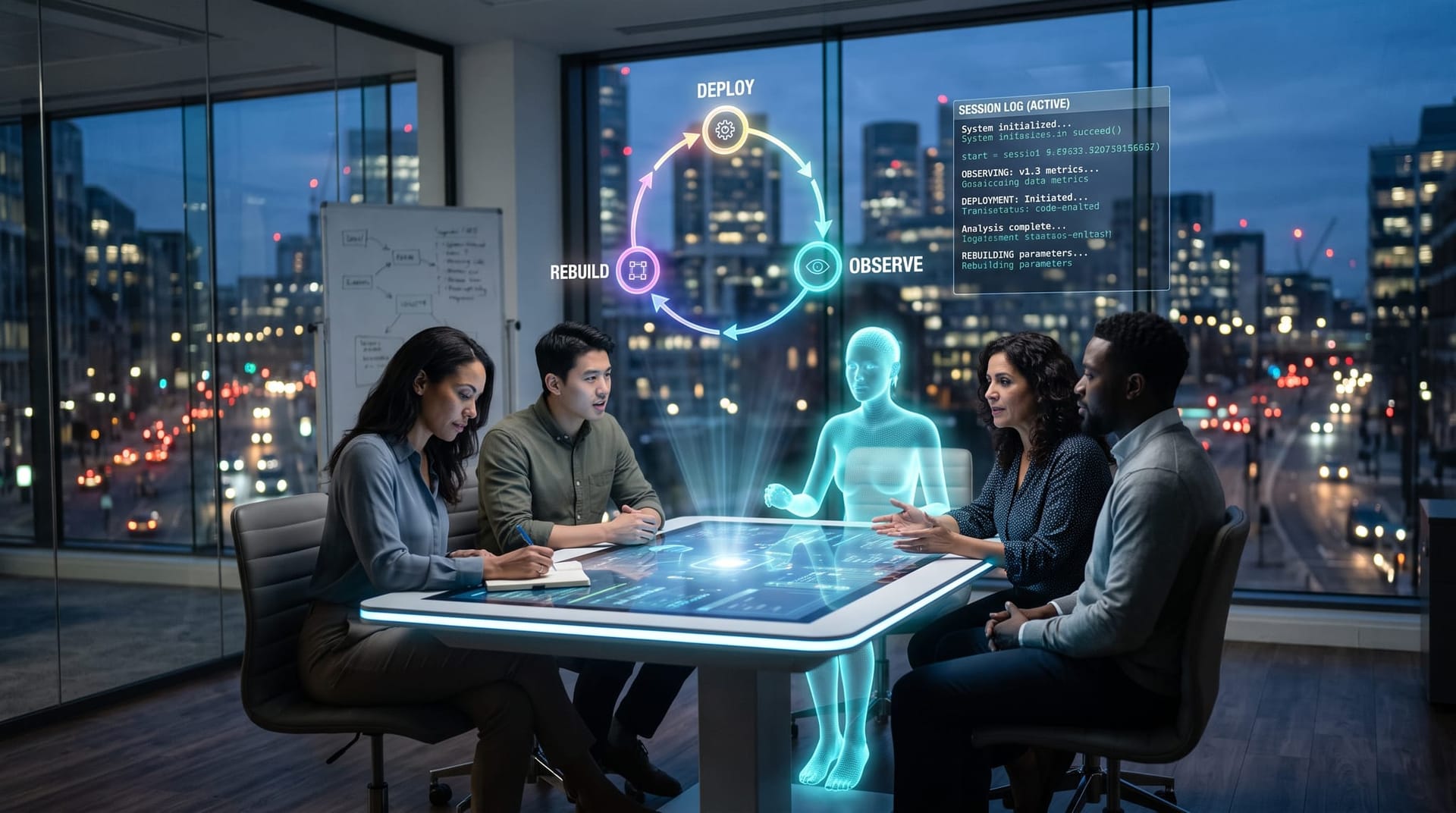 Colleagues and a cyan holographic AI avatar reviewing production logs and a version roadmap in a deploy-observe-rebuild loop meeting