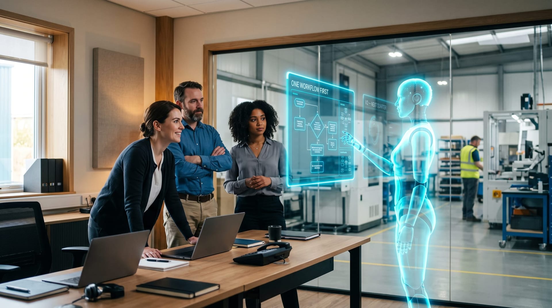 Small Northeast Indiana manufacturing office team starting one AI Employee on one workflow with a floating version-2 roadmap hologram