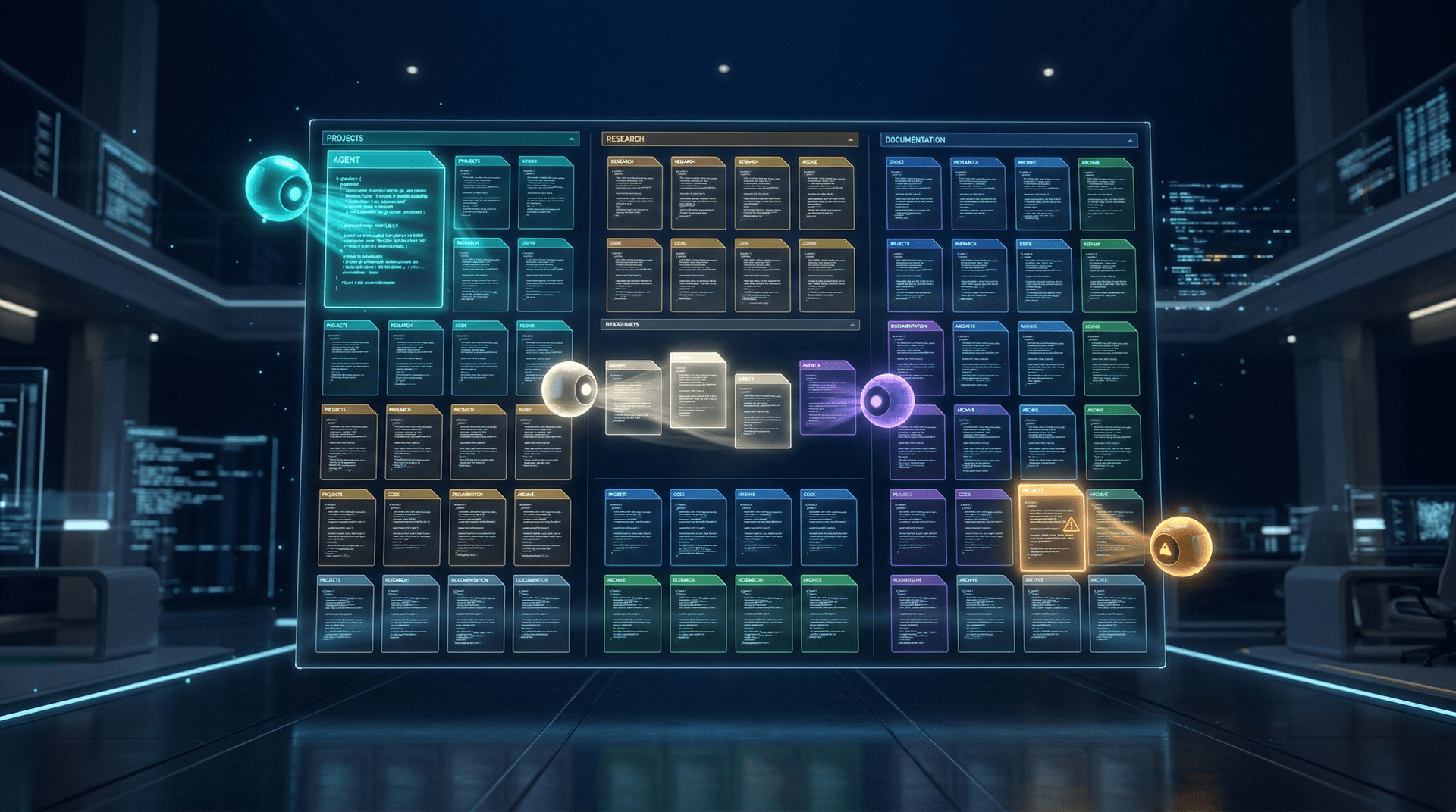 Luminous AI agent orbs maintaining a holographic knowledge library by updating documents, reorganizing sections, and flagging content