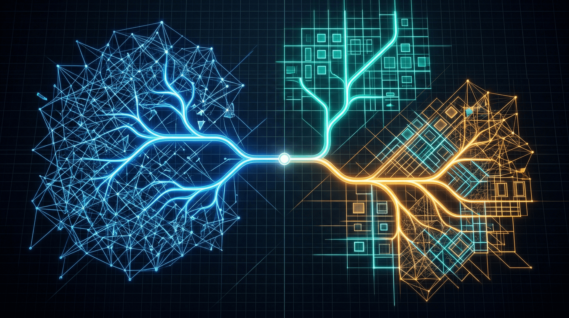 Branching decision pathways viewed from above leading to three AI architectures: complex RAG mesh, organized knowledge base, and hybrid