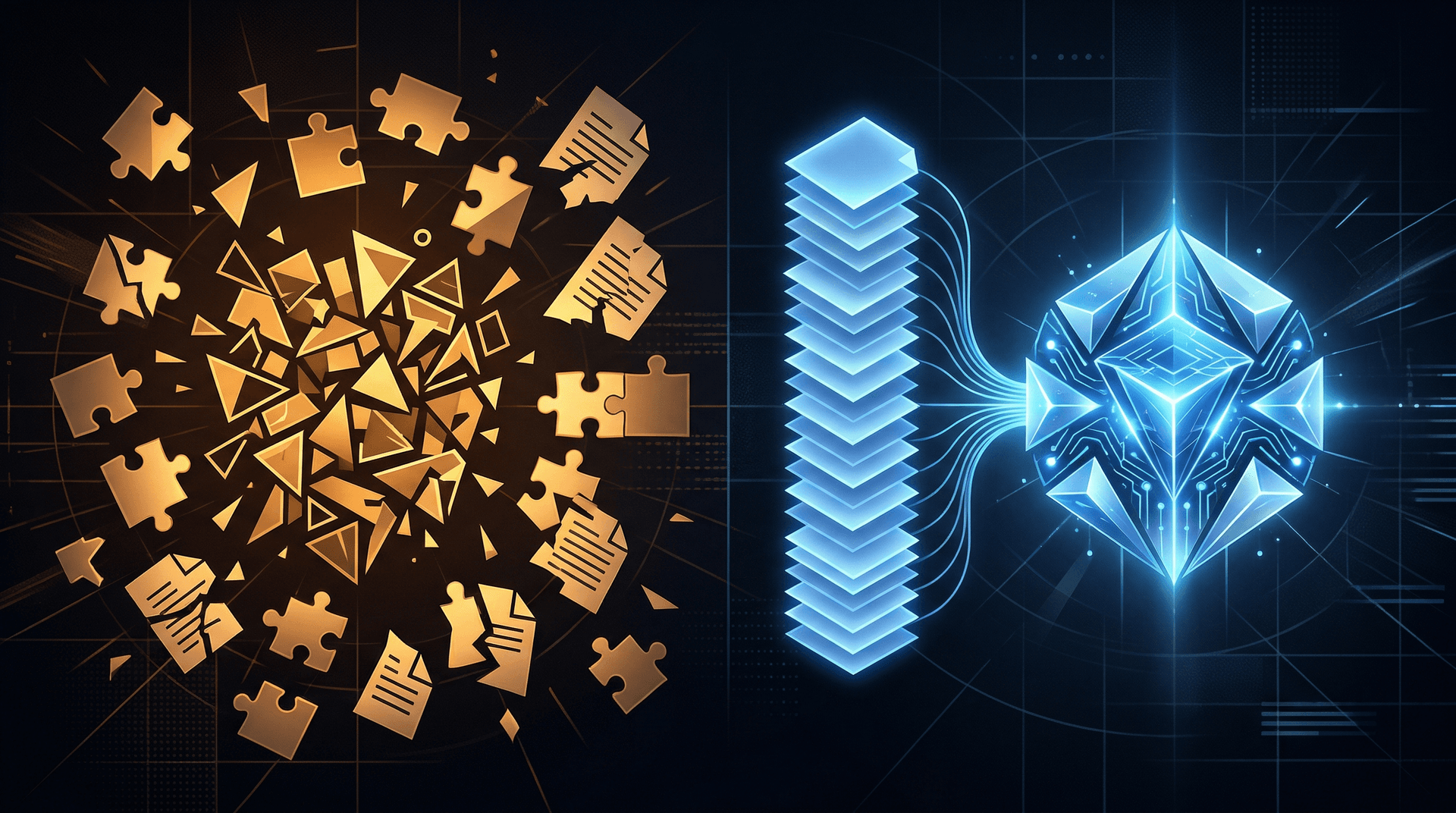 Scattered document fragments causing confusion contrasted with complete organized documents feeding a confident AI system