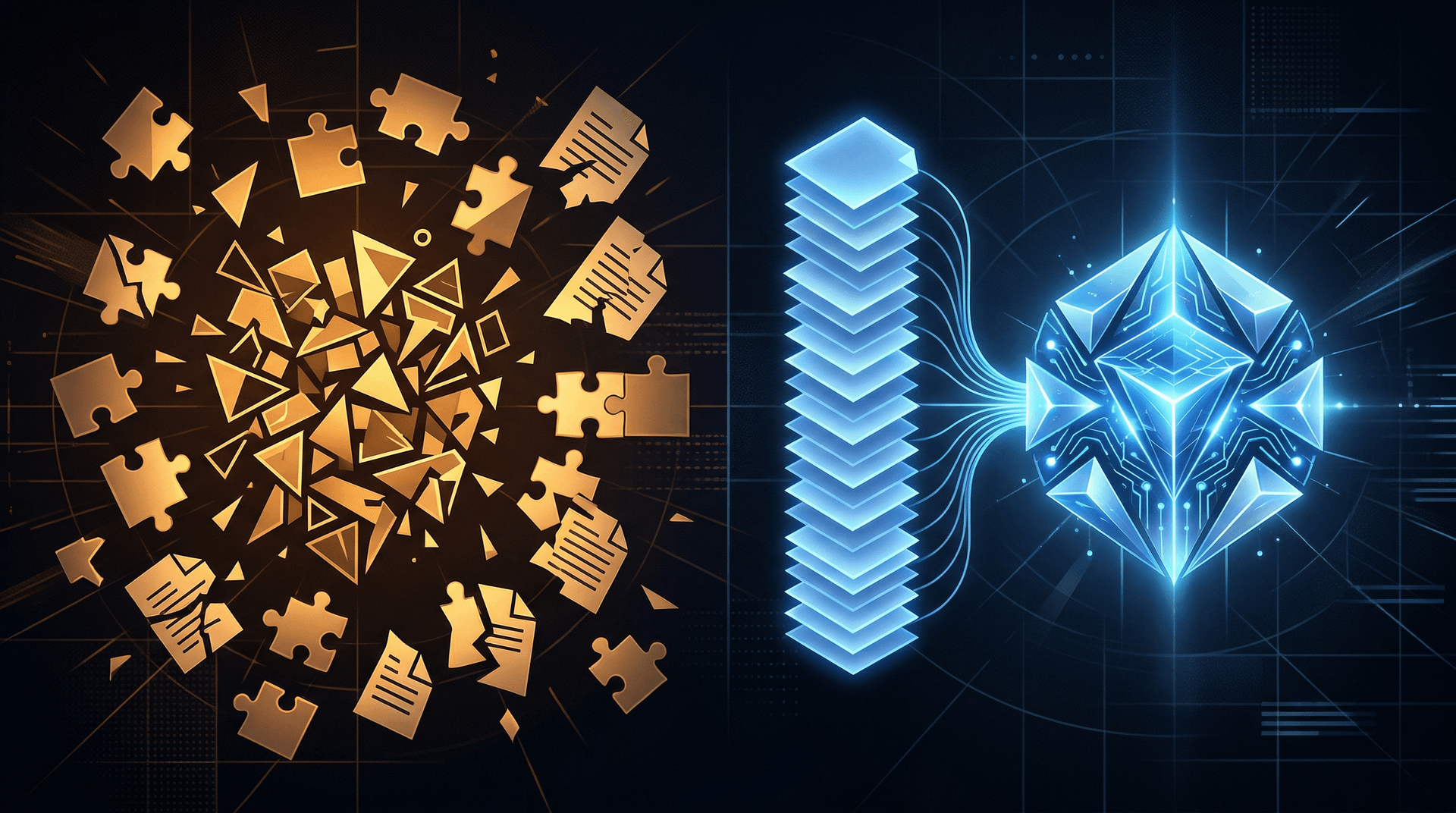 Scattered document fragments causing confusion contrasted with complete organized documents feeding a confident AI system