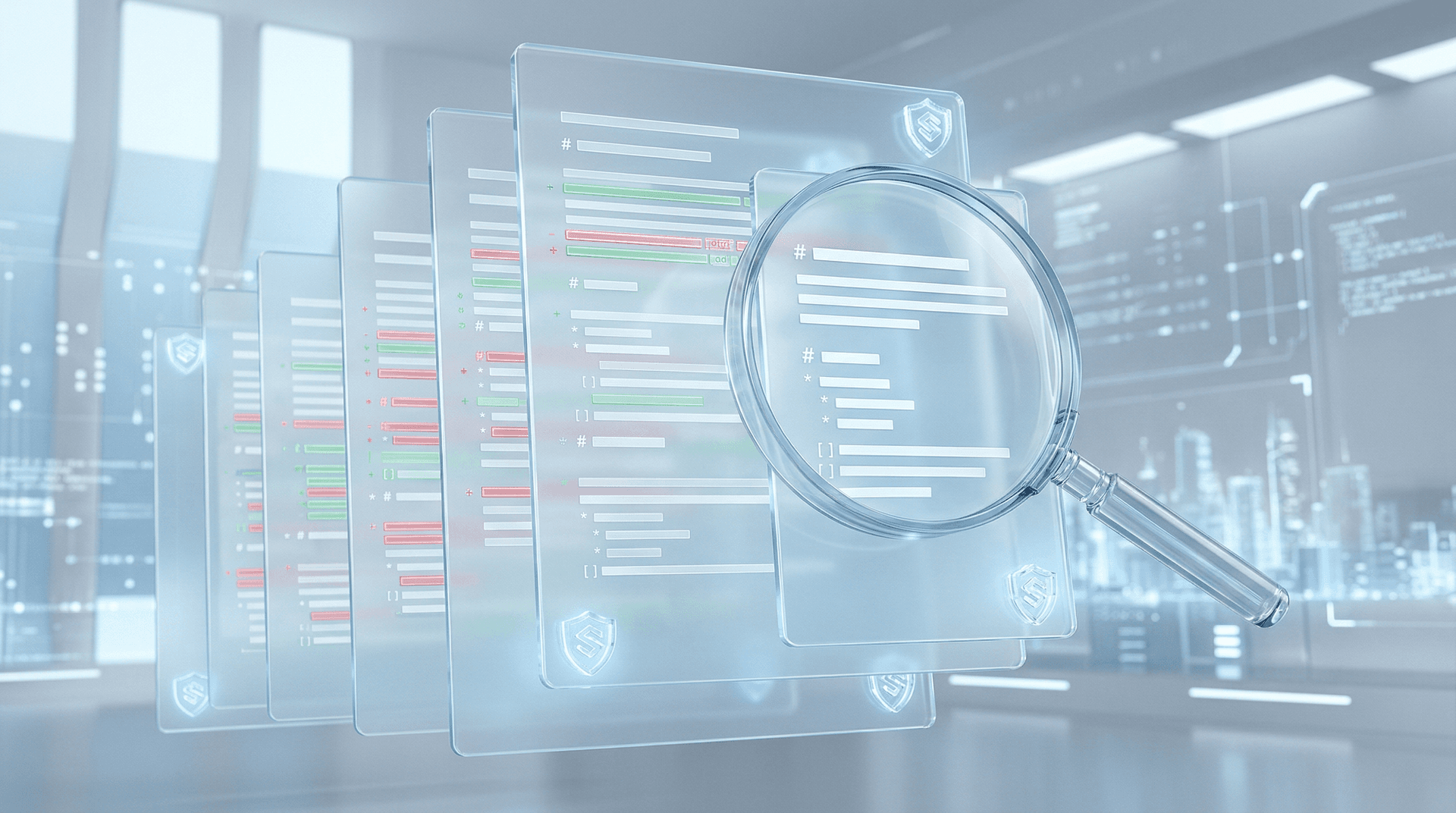 Layered translucent markdown documents showing version-controlled change history with tracked edits and security shield accents