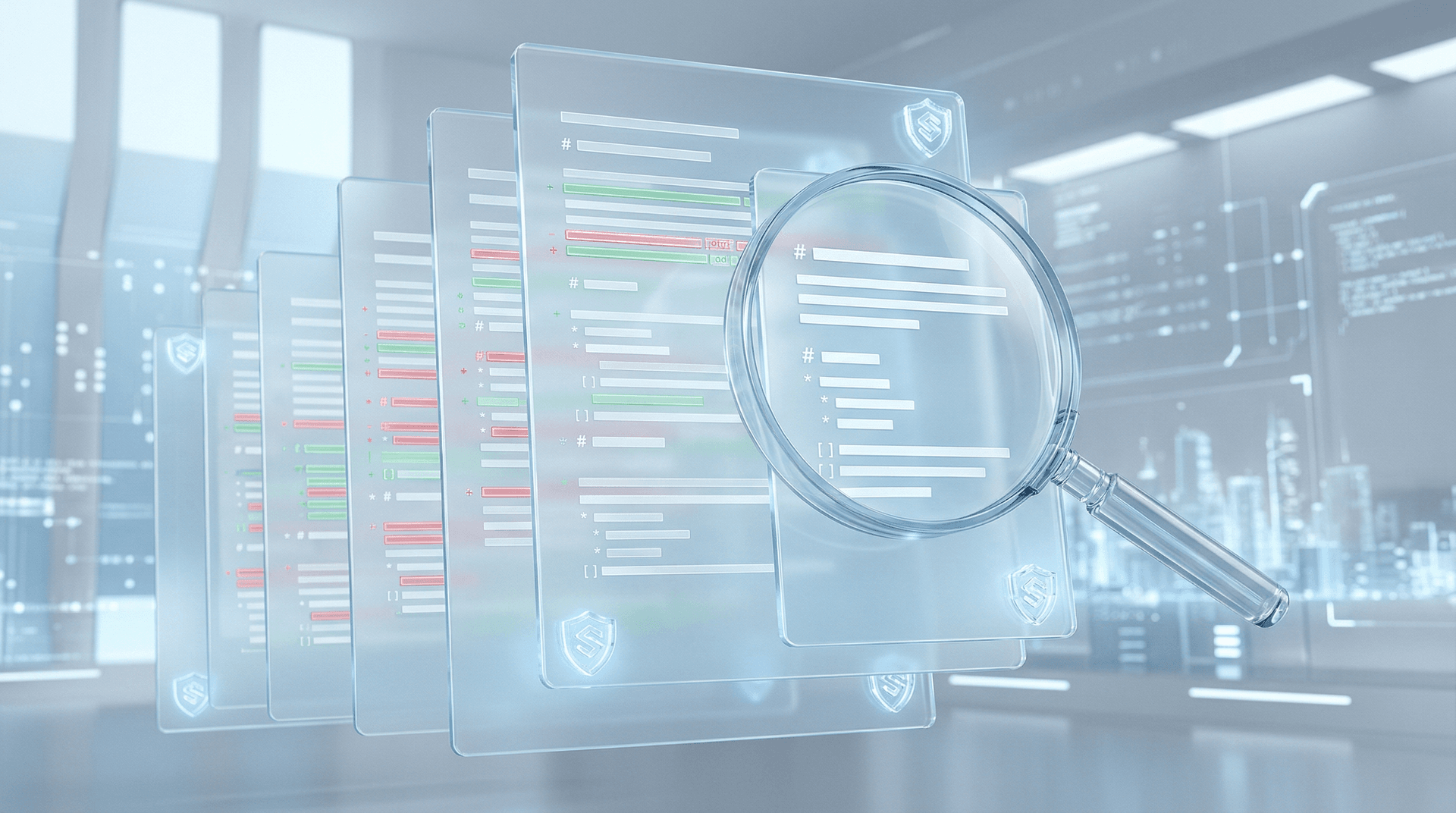 Layered translucent markdown documents showing version-controlled change history with tracked edits and security shield accents