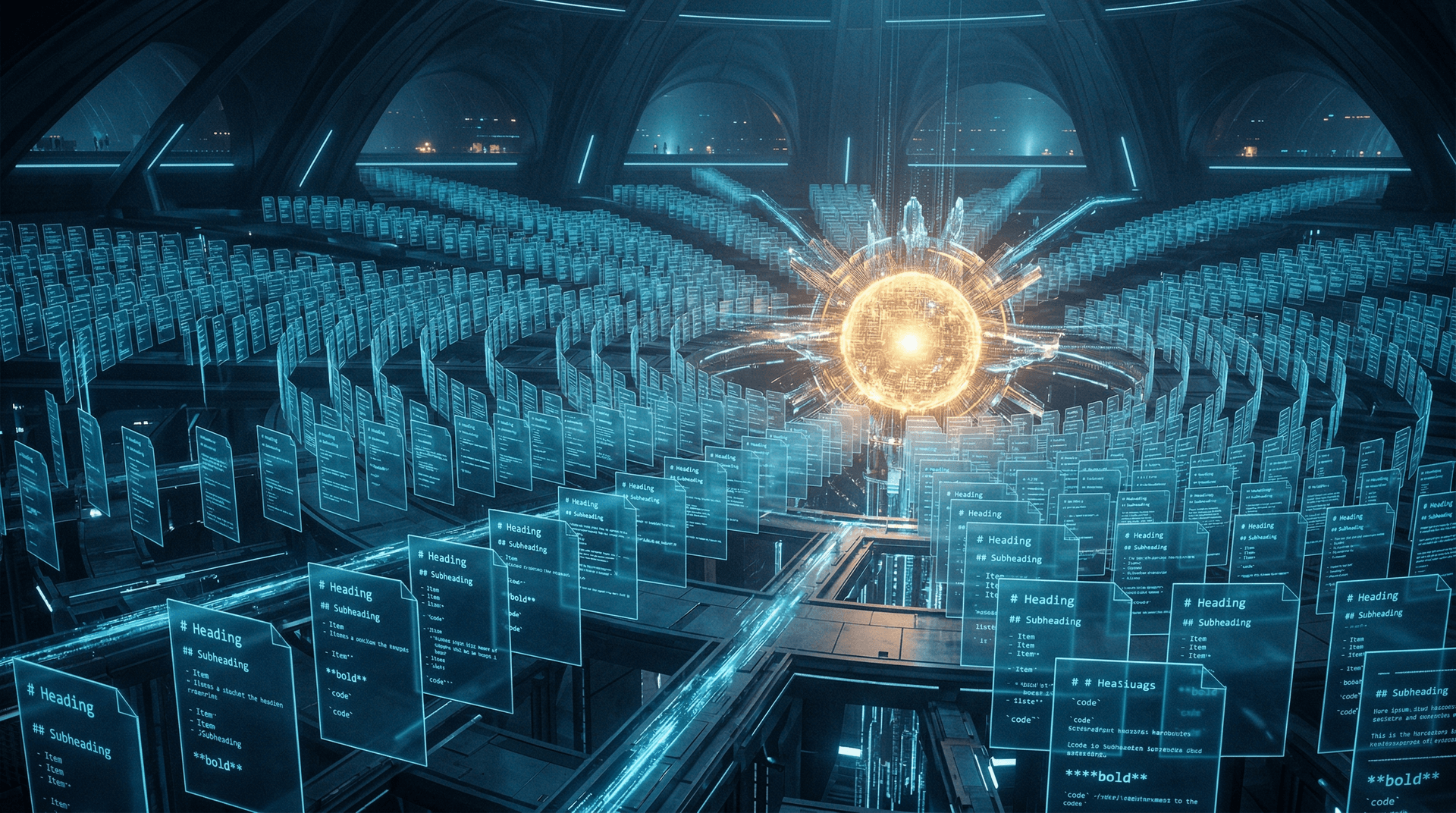 Structured markdown documents converging into a luminous AI core, representing the LLM Knowledge Base architecture proposed by Karpathy