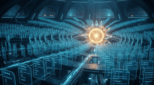 Structured markdown documents converging into a luminous AI core, representing the LLM Knowledge Base architecture proposed by Karpathy