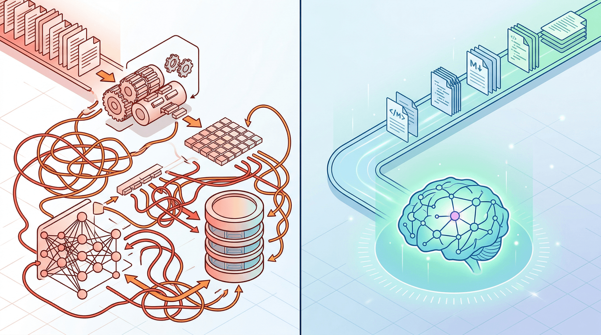 Split comparison of a tangled RAG retrieval pipeline with chunking stages versus a clean streamlined knowledge base document flow