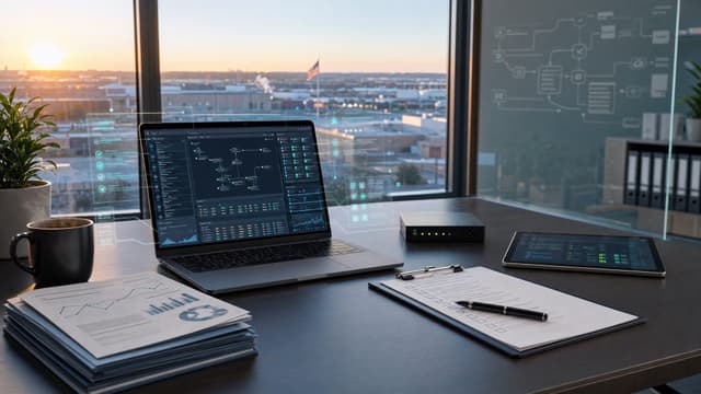 Tidy Northeast Indiana small-business workspace at dawn with a single laptop showing blurred agent activity logs, representing the Supervisable Complexity Line for Fort Wayne AI Employee deployments under Kimi K2.6-era agent swarms.