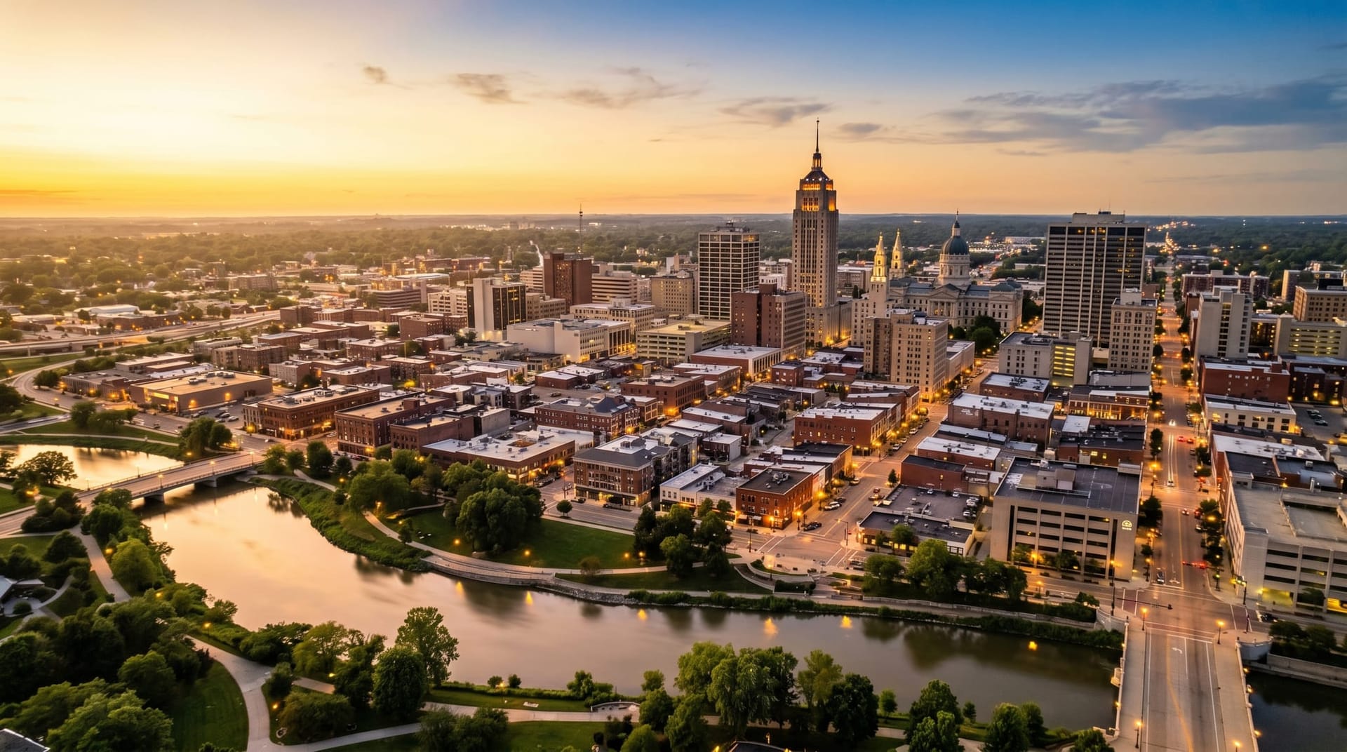 Aerial view of downtown Fort Wayne, Indiana at golden hour with Allen County rooftops and the St. Marys river curving through the frame, representing three Northeast Indiana business archetypes mapping to AI Employee tier deployments.