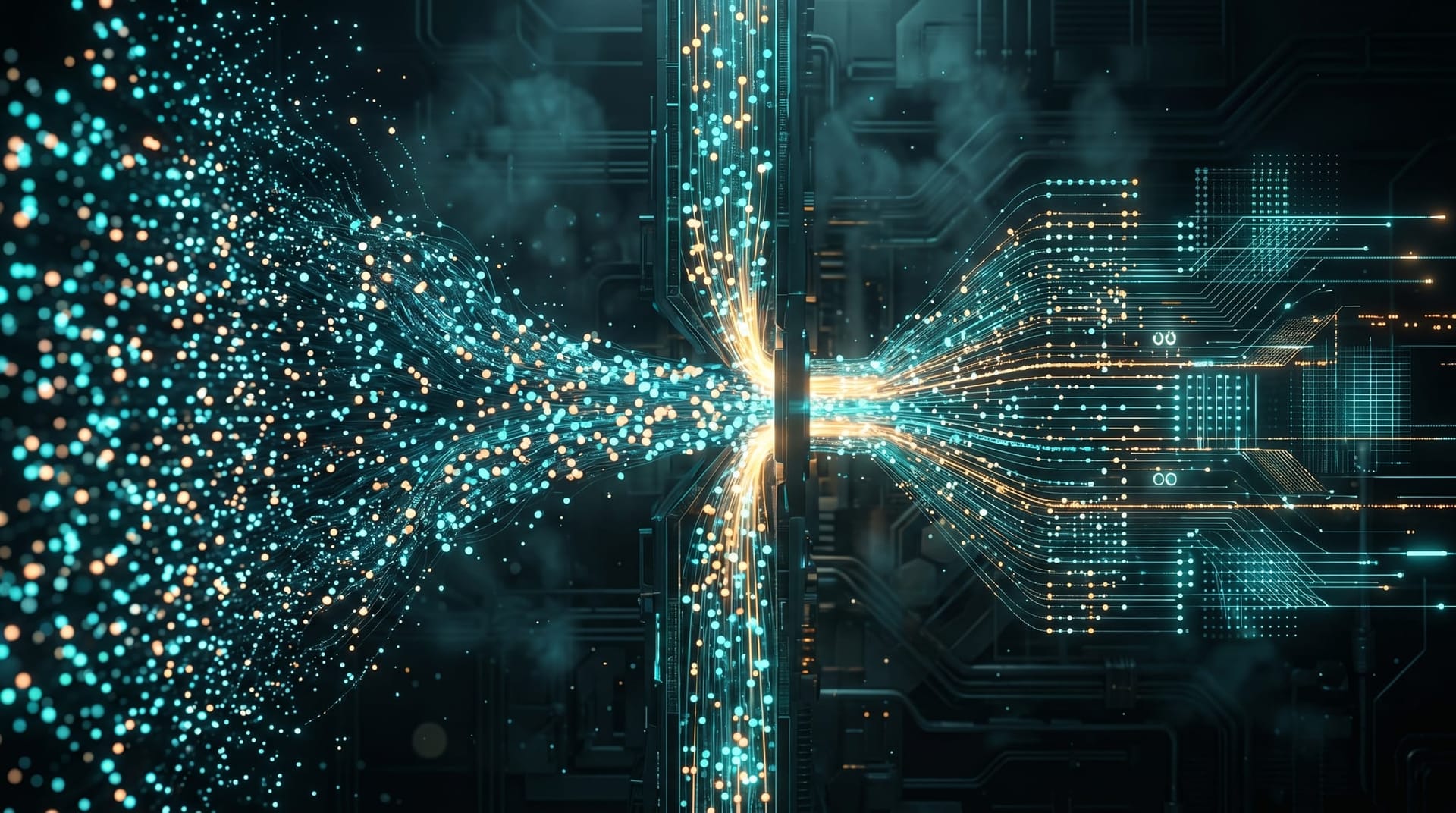 Abstract illustration of many small glowing nodes funneling through a narrow orchestration conduit on a dark technical landscape, evoking the enterprise orchestration bottleneck exposed by Kimi K2.6 agent swarms.