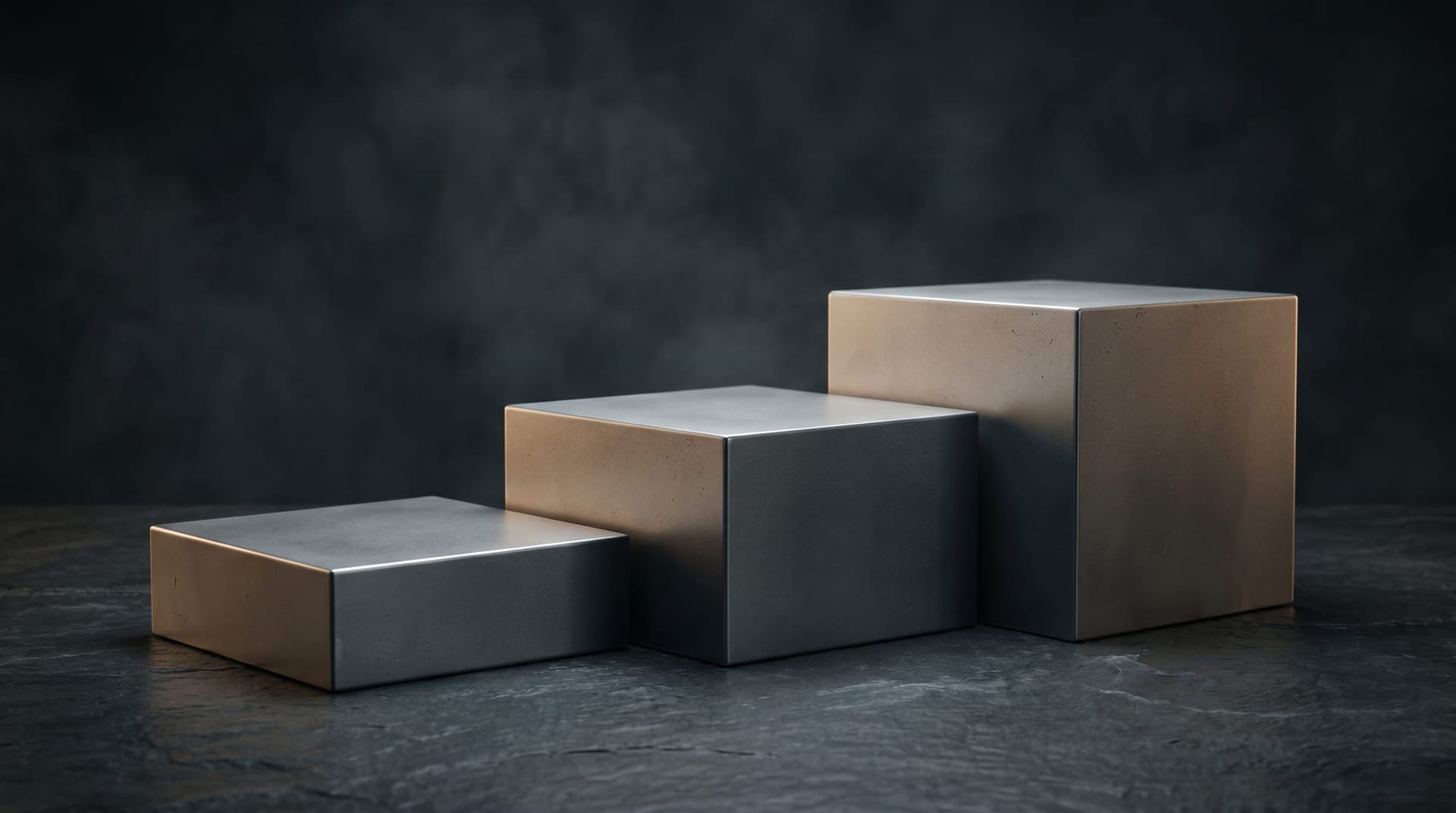 Three ascending geometric platforms on a dark surface under soft studio light, representing the three-tier framework for AI Employee deployment complexity — Tier 1 bounded, Tier 2 moderate, Tier 3 multi-agent autonomy.