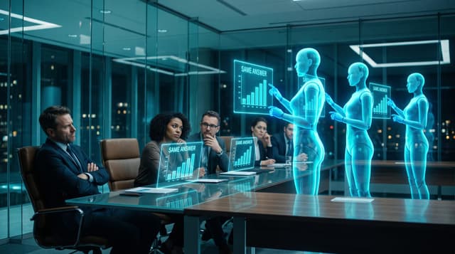 Three identical holographic AI avatars presenting the same glowing answer panel to a wary business team illustrating LLM groupthink and consensus bias