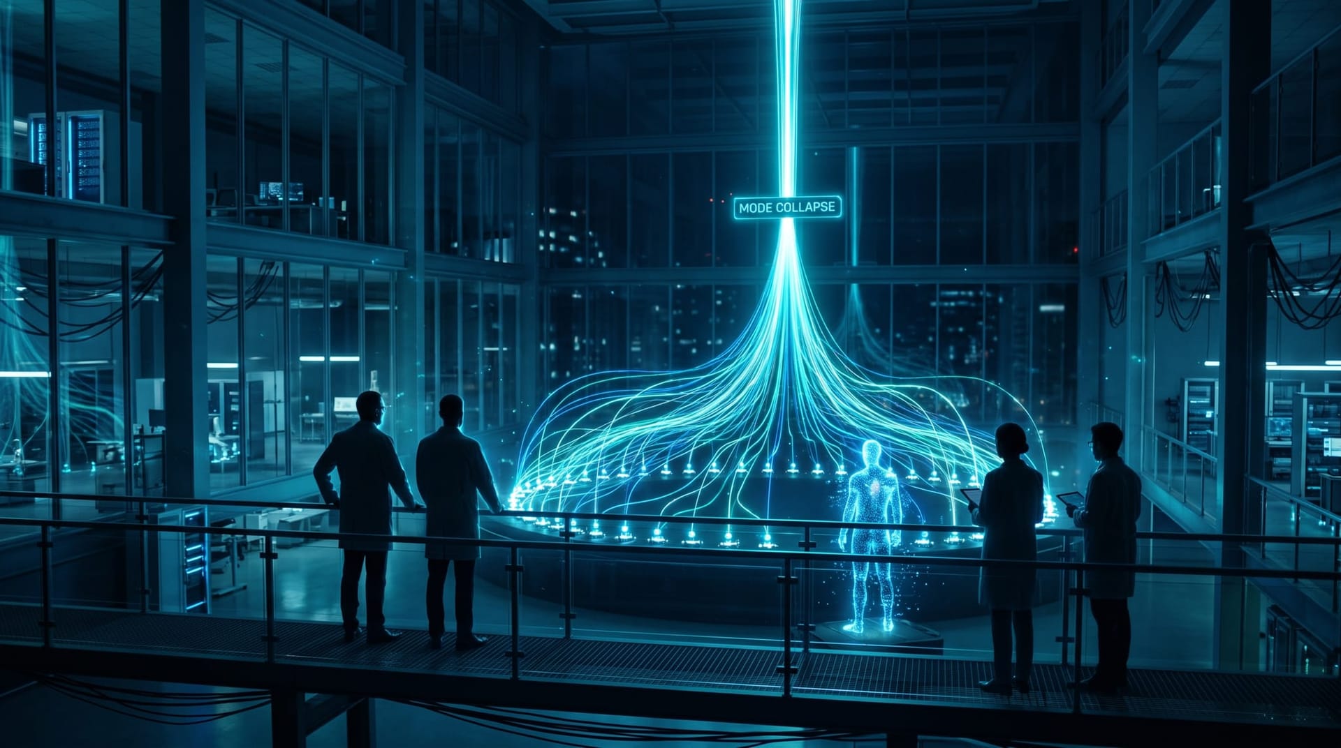 Researchers observing a holographic funnel where many colorful idea streams from different model nodes merge into one narrow cyan output beam