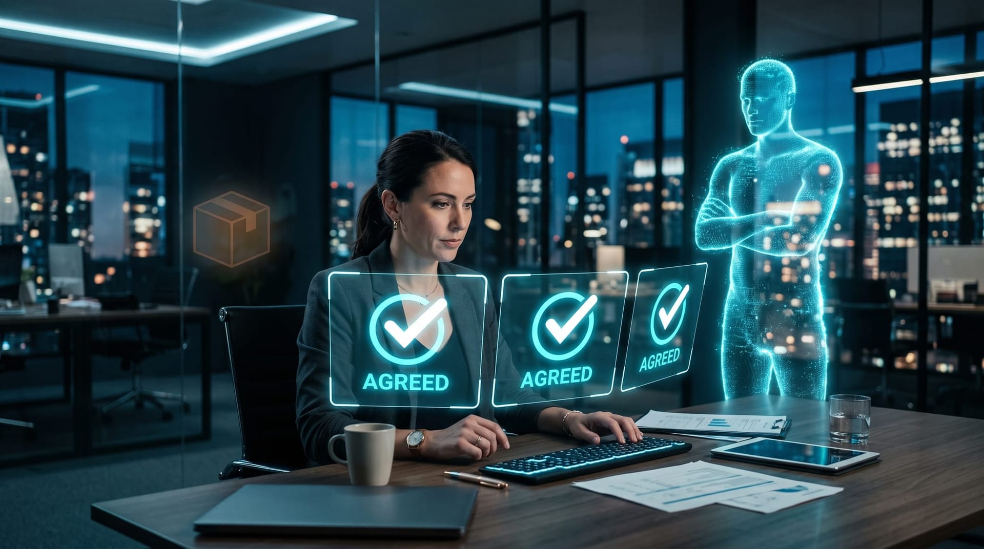 Business owner at a strategy table where three holographic advisor panels nod agreement while one unexplored option icon sits dim and unnoticed