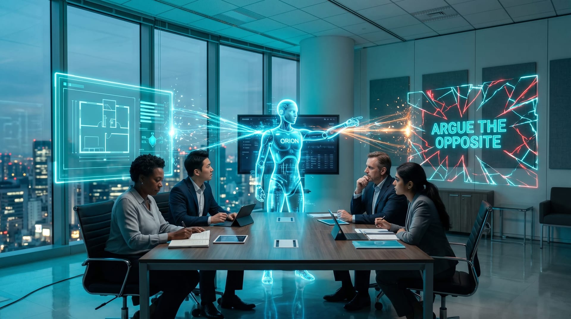 AI Employee avatar presenting an adversarial red-team critique panel opposing a business plan while the team leans in around a conference table