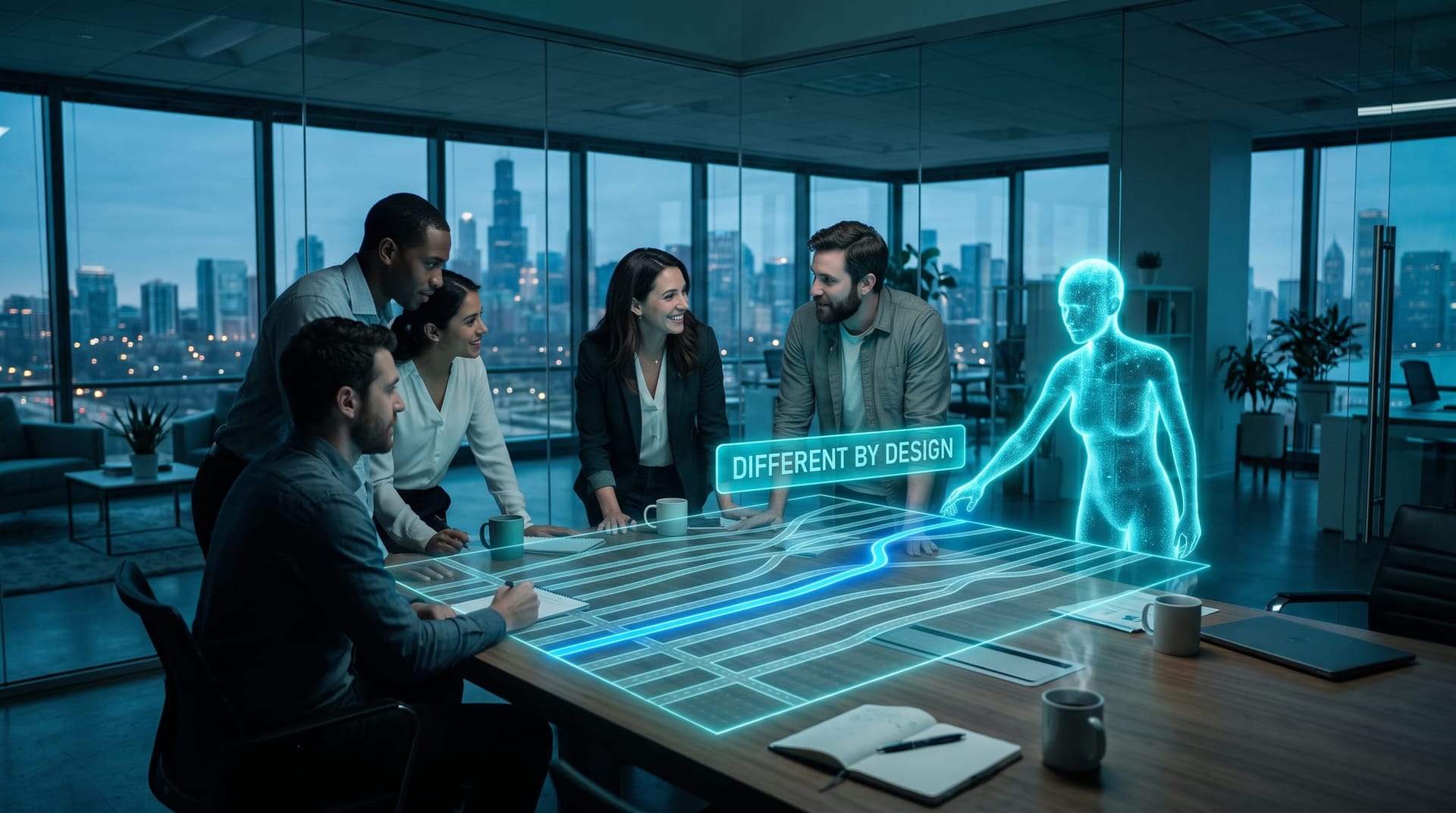 Fort Wayne business team choosing a distinct glowing route on a holographic map while identical consensus paths fade behind glass office walls