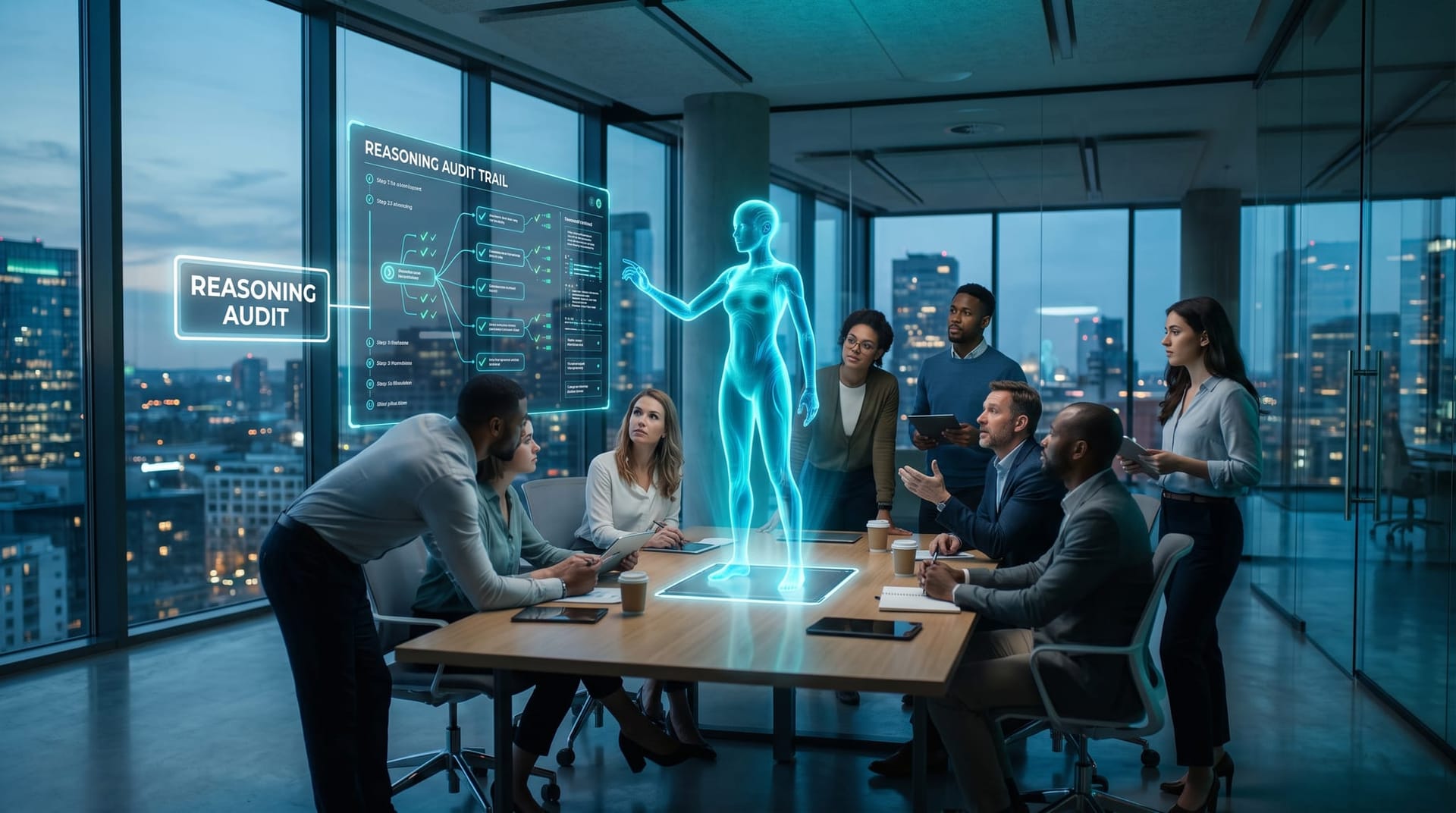 Business team studying a translucent cyan holographic AI employee that displays a glowing reasoning audit trail in a glass-walled office