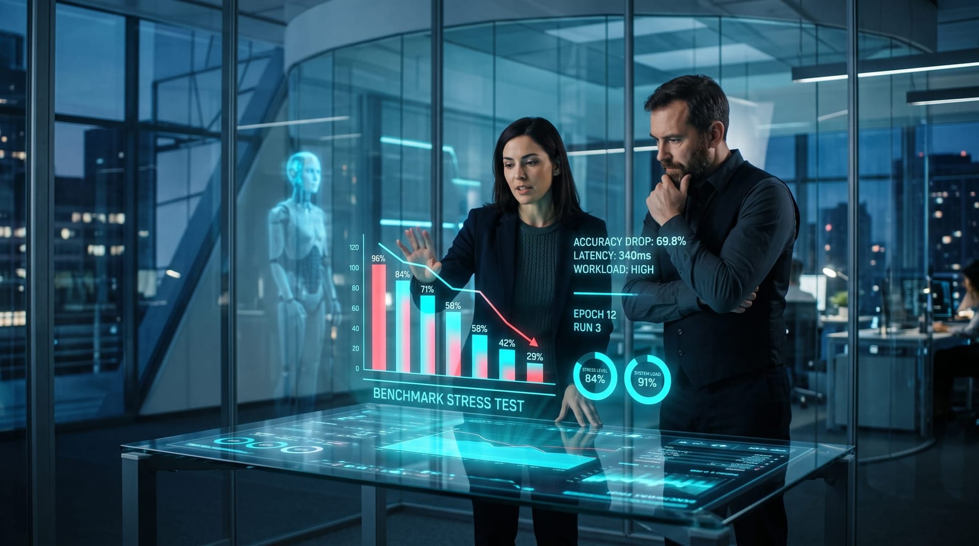 Analysts reviewing floating cyan dashboards showing LLM reasoning accuracy dropping under perturbed benchmark inputs