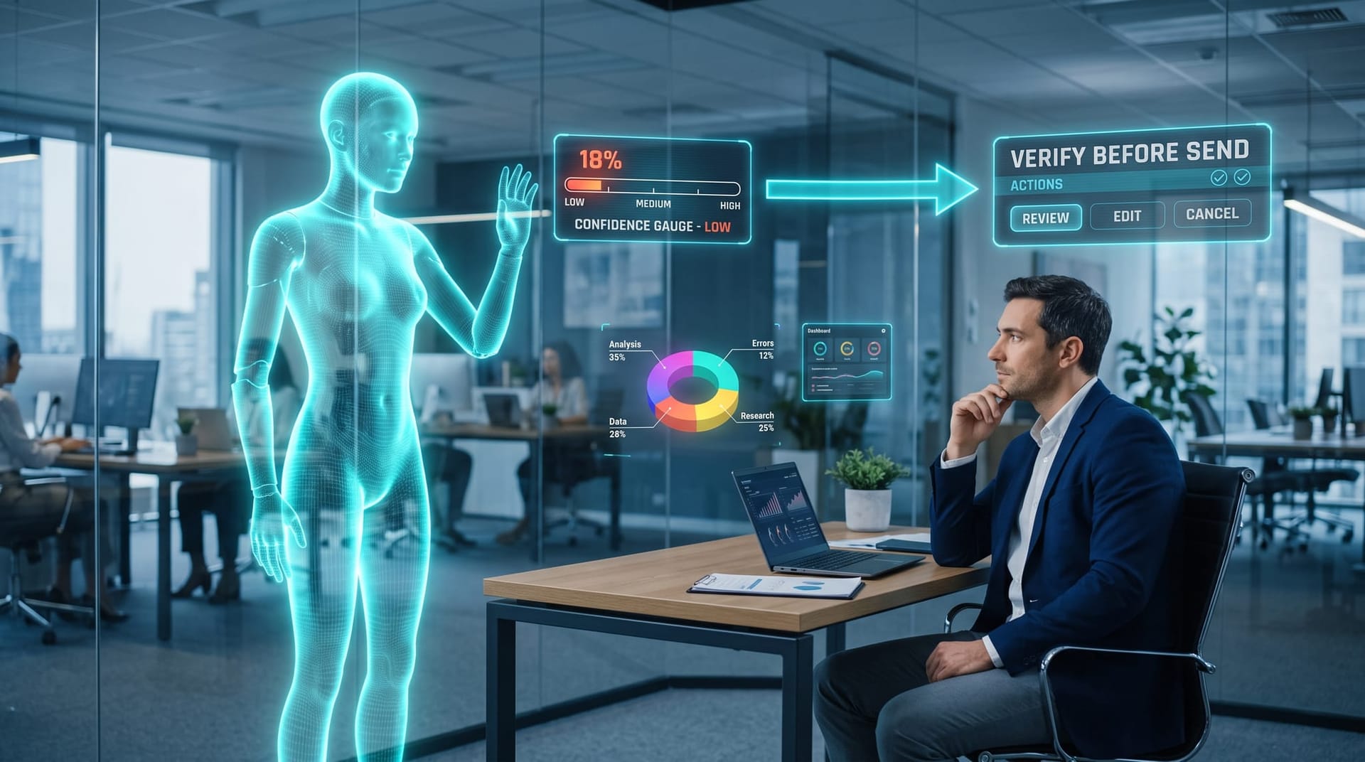 Holographic AI employee pausing at a floating confidence gauge that routes an uncertain answer toward a verification checkpoint