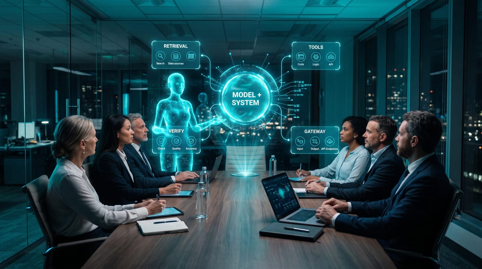Holographic diagram of an AI employee system with retrieval, tools, verification and gateway components surrounding a central model node
