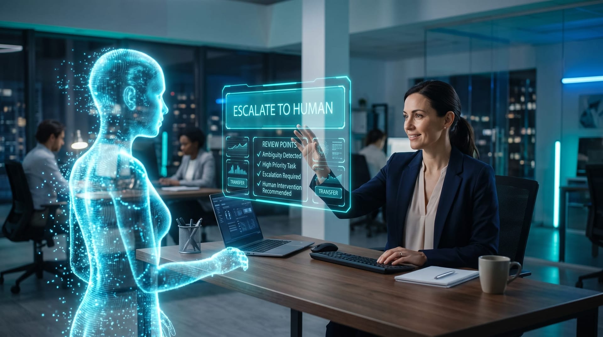 AI employee handing off an uncertain case to a human colleague at a desk, with a glowing cyan escalation panel floating between them